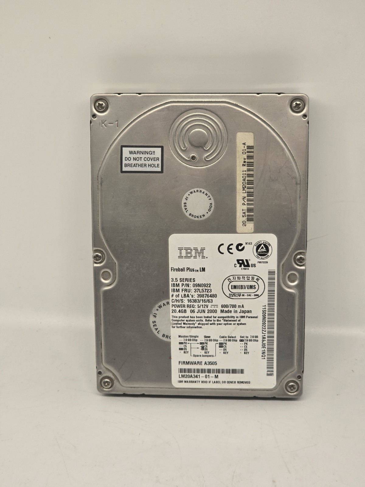 IBM Fireball Plus LM 20.4GB 3.5" IDE Hard Drive LM20A341 Tested Working HDD