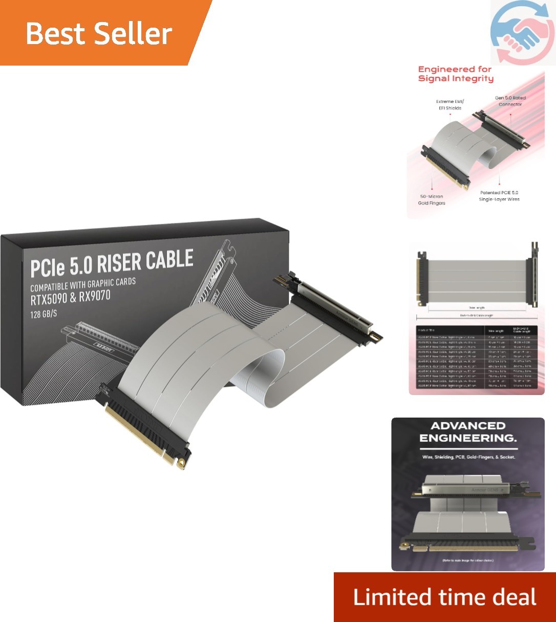 PCIe 5.0 Riser Cable | Vertical GPU Mount | Right Angle, 20cm