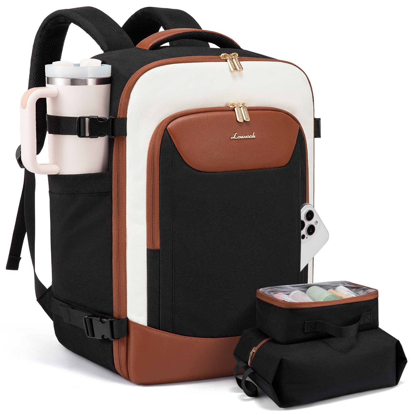LOVEVOOK 40L Travel Backpack for Women Men, Large 40L-3Pcs, Black-beige-brown