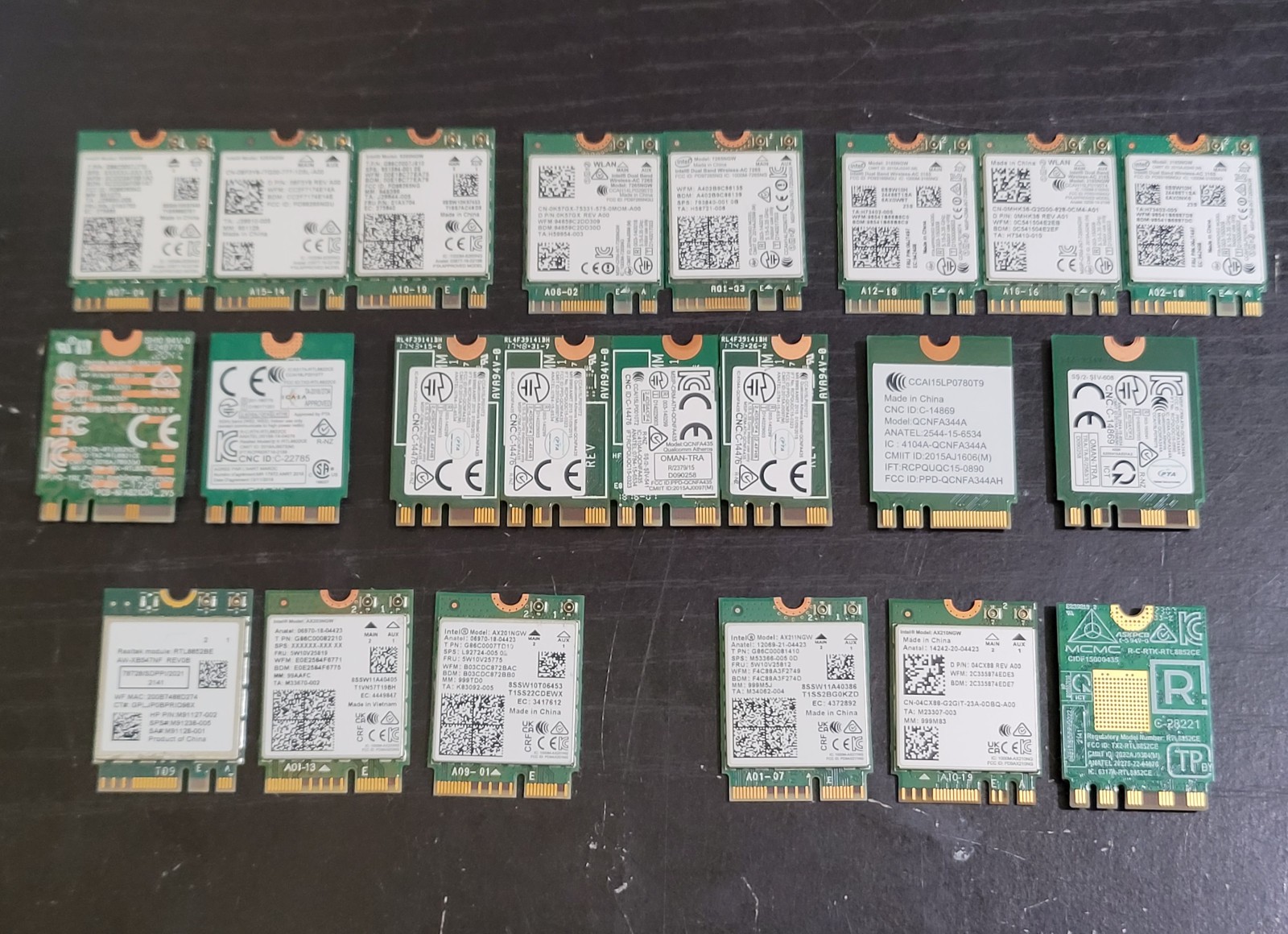 Lot of 22 M.2 Wi-Fi 5/6/6E + Bluetooth Cards Intel / Qualcomm / Realtek