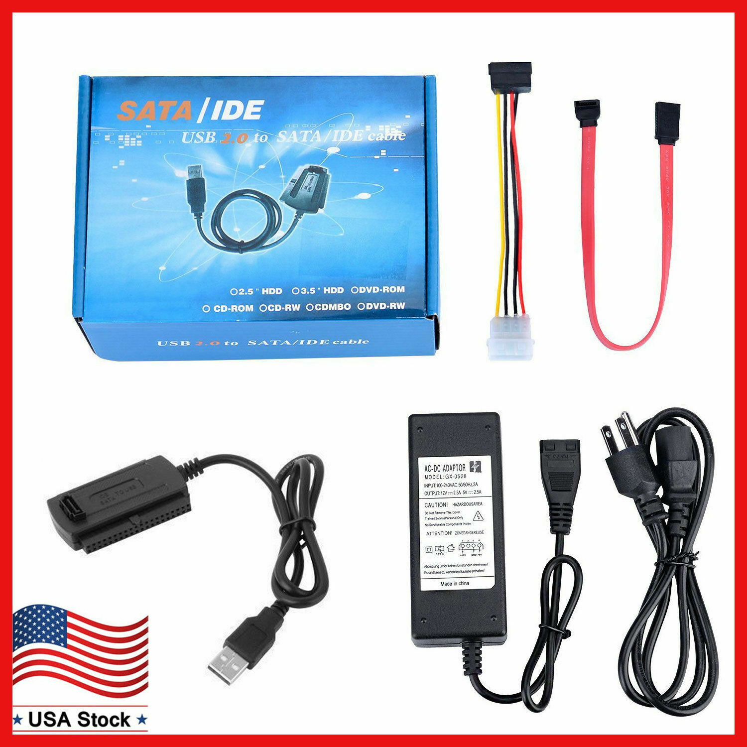 SATA/PATA/IDE to USB 2.0 Adapter Converter Cable for Hard Drive Disk 2.5" 3.5"