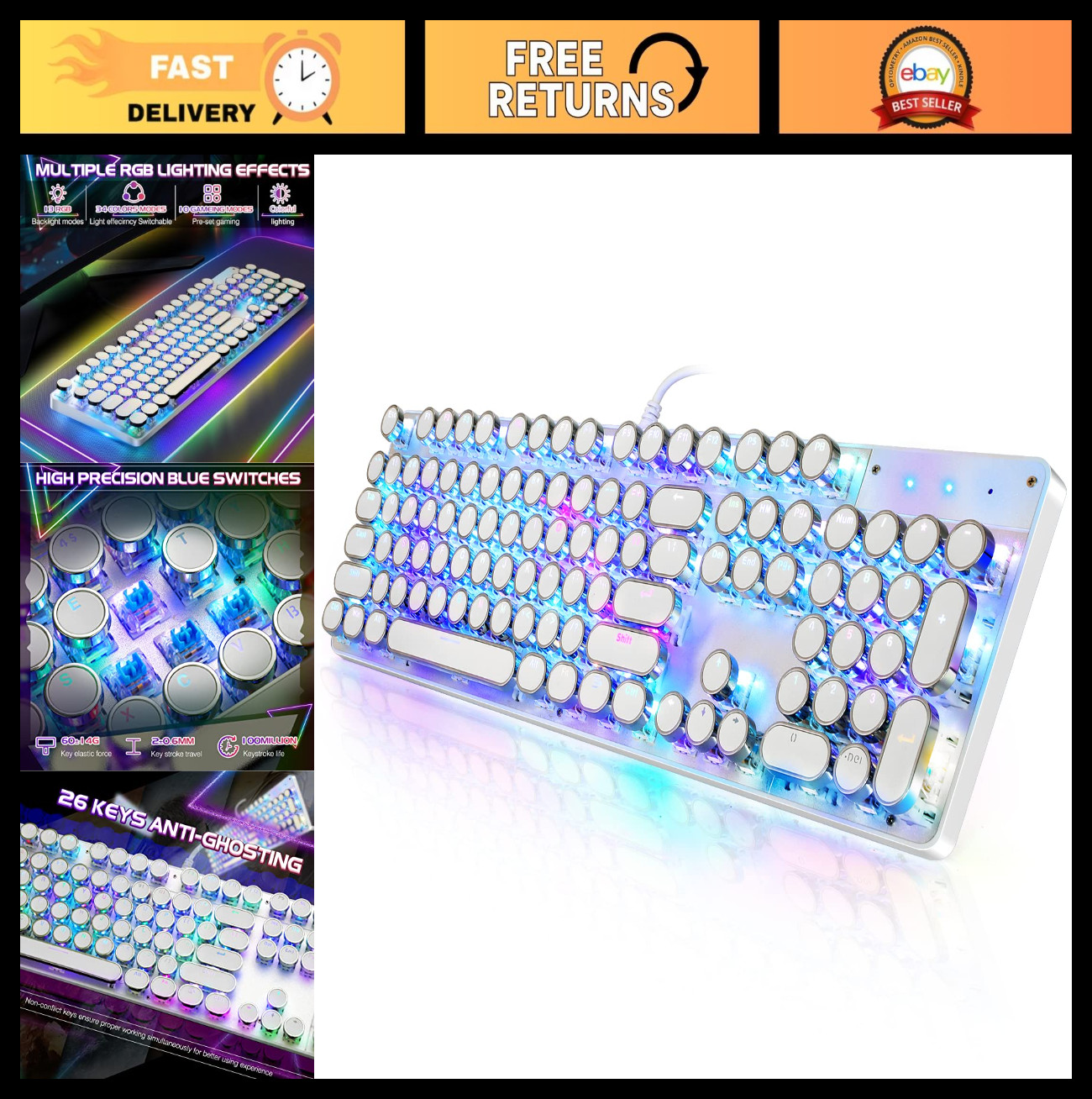 Retro Typewriter Mechanical Gaming Keyboard RGB Backlit Wired Blue Switch 104 Ke
