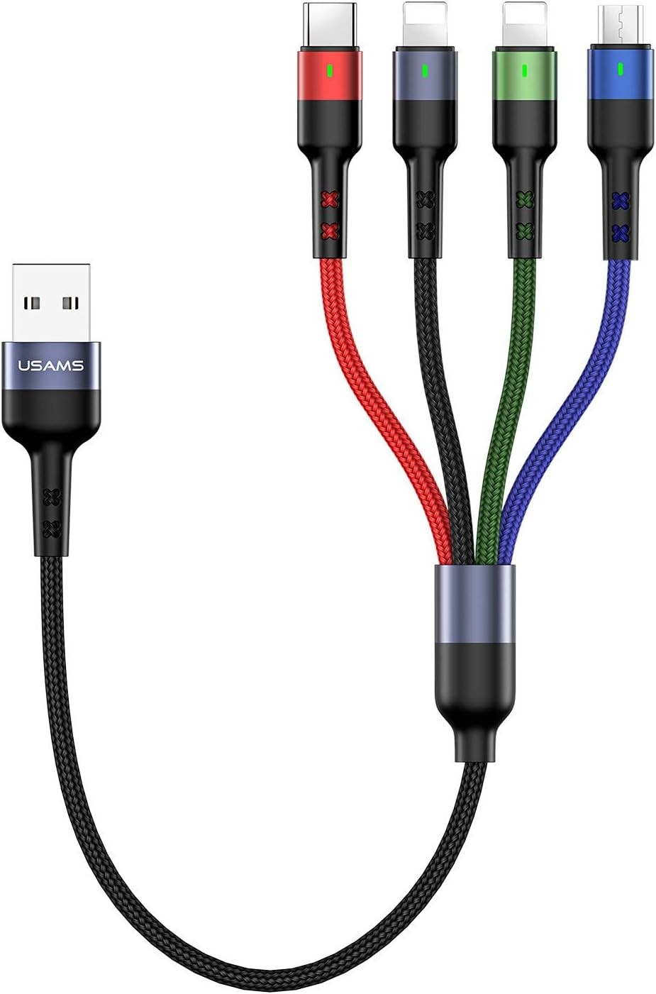USAMS 2Pack Multi Charging Cable Nylon Braided Short 1FT 4 1ft, Multicolored 