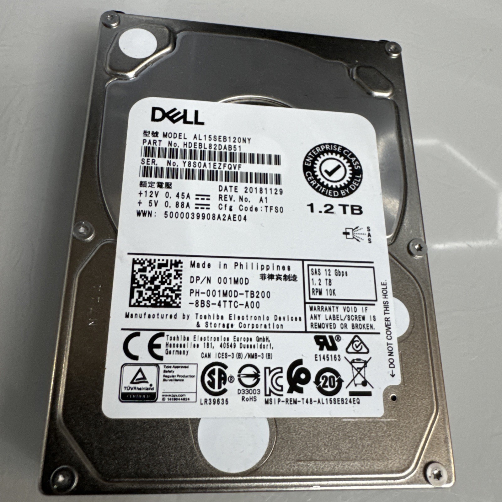 DELL 01M0D AL15SEB120NY HDEBL82DAB51 1.2TB 10K RPM Cache 128 MB 12Gbps SAS 2.5"