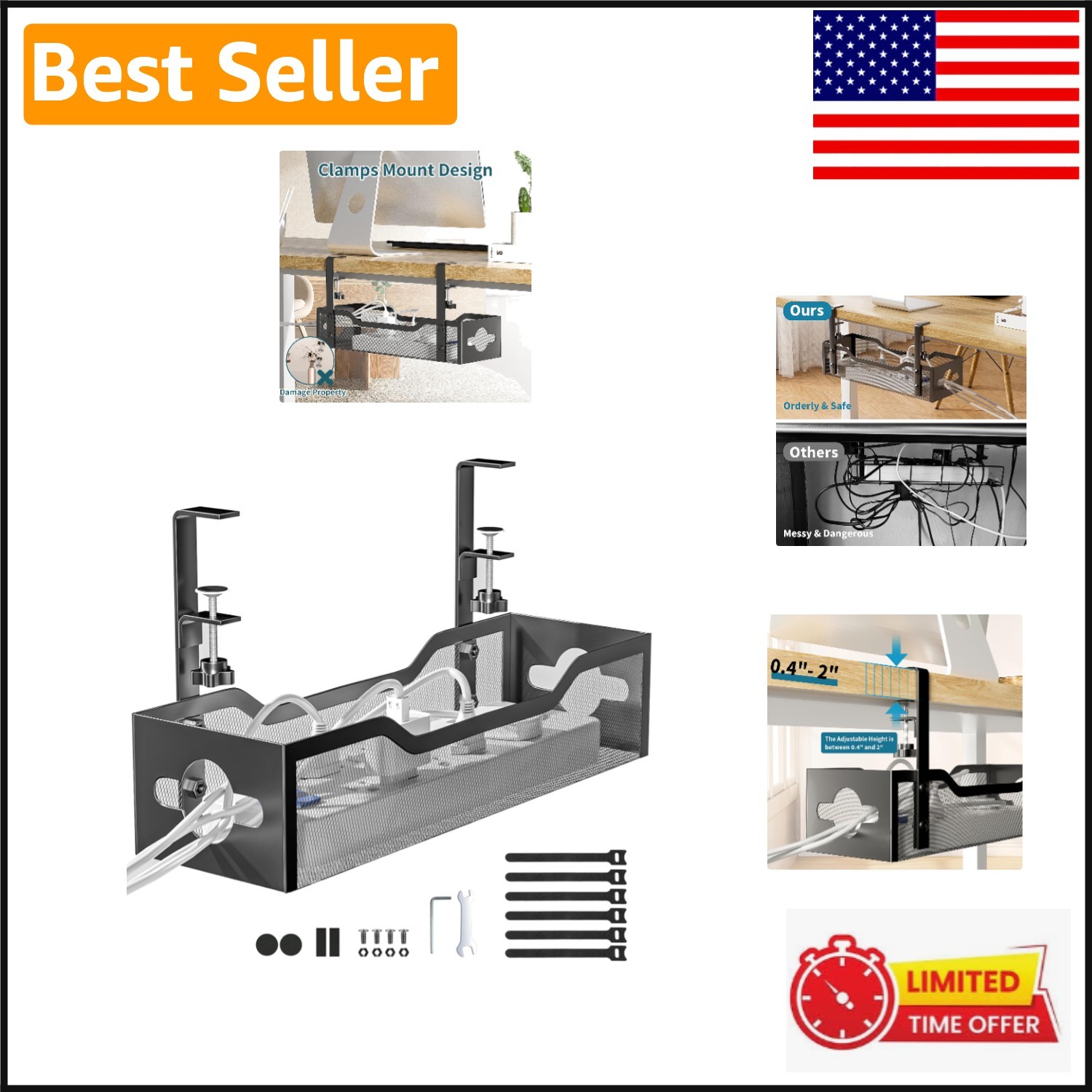 Space Saving Cable Organizer Tray with Clamp - Stylish Wire Management Solution