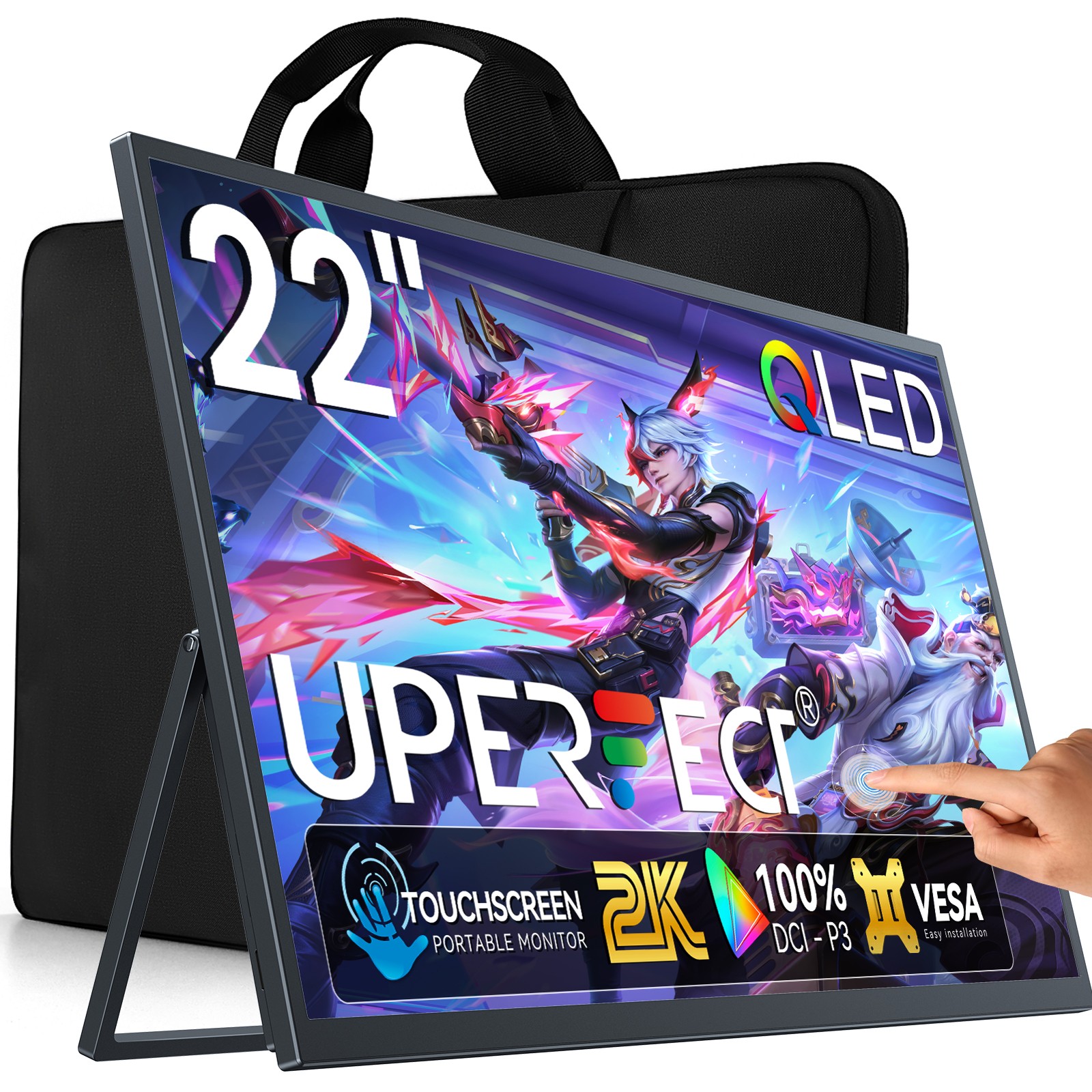 UPERFECT 22" 2K Portable Monitor Touchscreen 60Hz Screen with Adjustable Stand