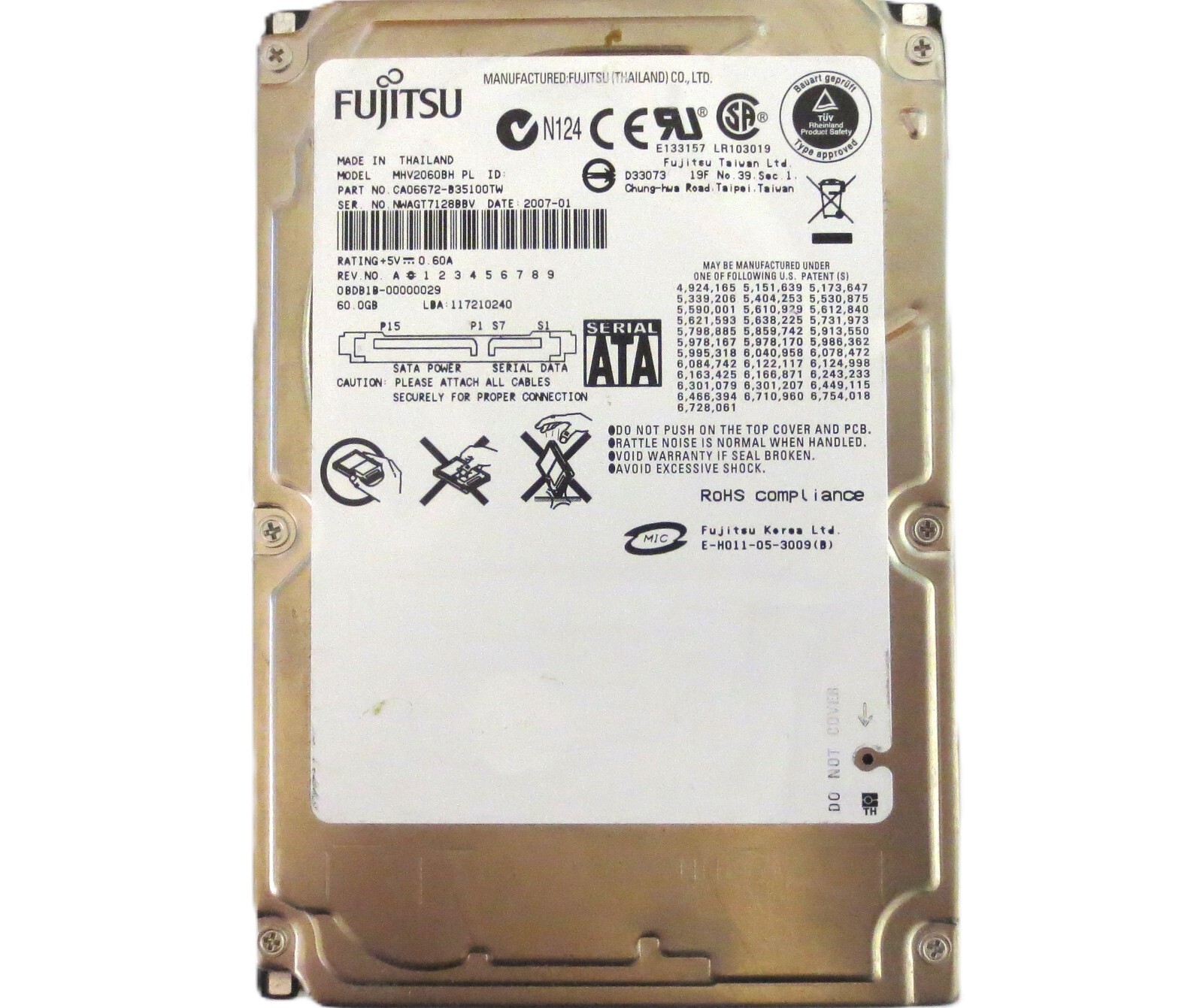 Fujitsu MHV2060BH PL CA06672-B35100TW  0BDB1B-00000029 Thailand 60gb 2007-01