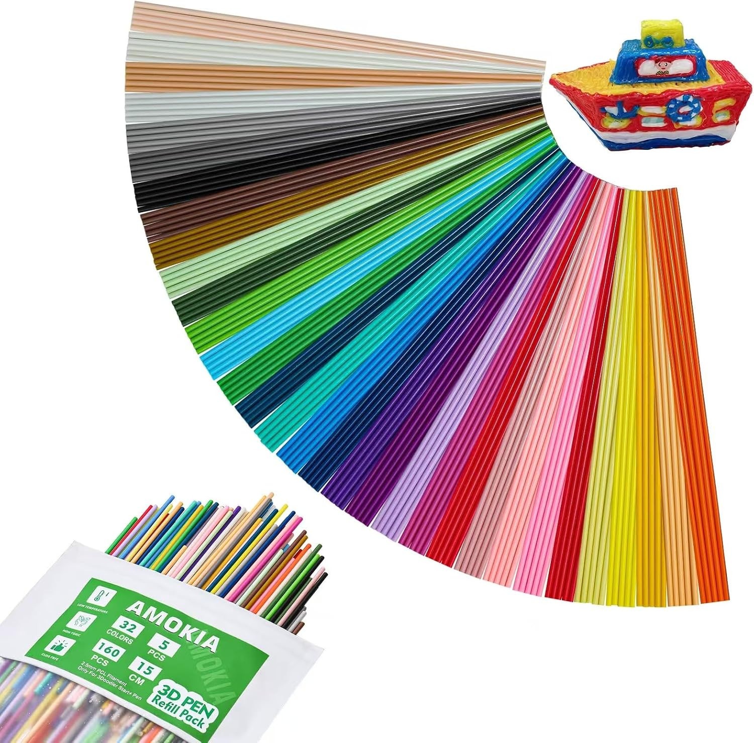 32 Colors 3D Pen Refills Pack for 3Doodler Start+ 3D Pen, 2.5Mm PCL Filament