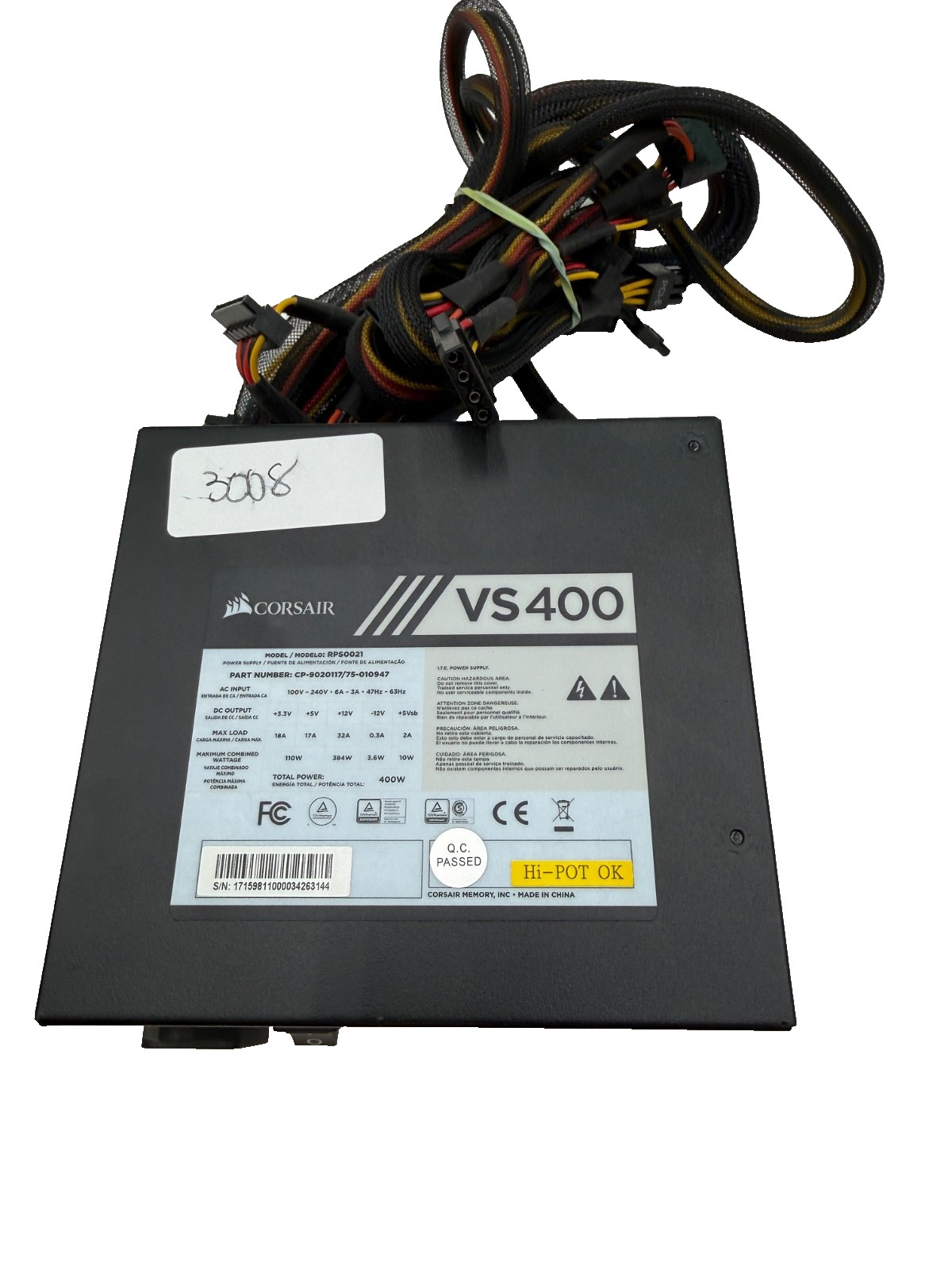 Corsair VS400 Desktop Power Supply 400W With Cables and Power Cord -Working