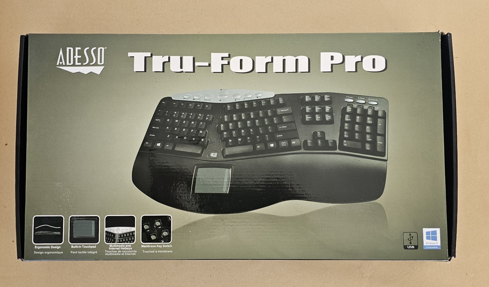 Adesso Tru-Form Pro Keyboard PCK-308UB, Wired, Black, Ergonomic, Touchpad