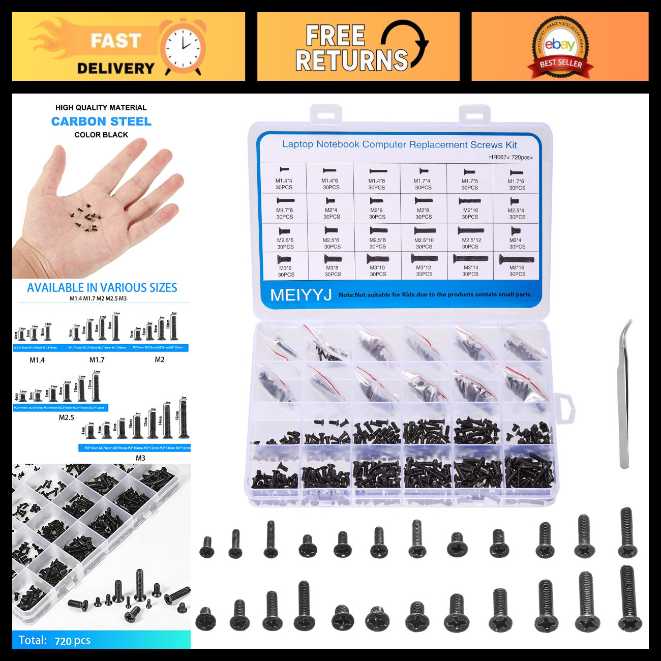 720pcs Laptop Screws Set - Replacement Computer Screws Kit M1.4 to M3 for Repair