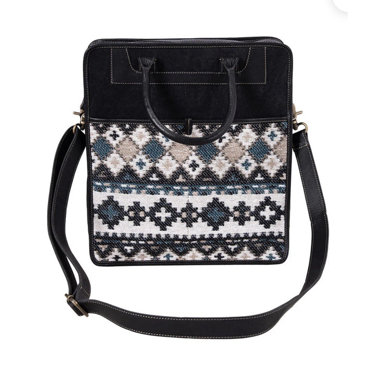 Leather Shoulder/Messenger Laptop Bag 15 in Padded Black Geometric Pattern