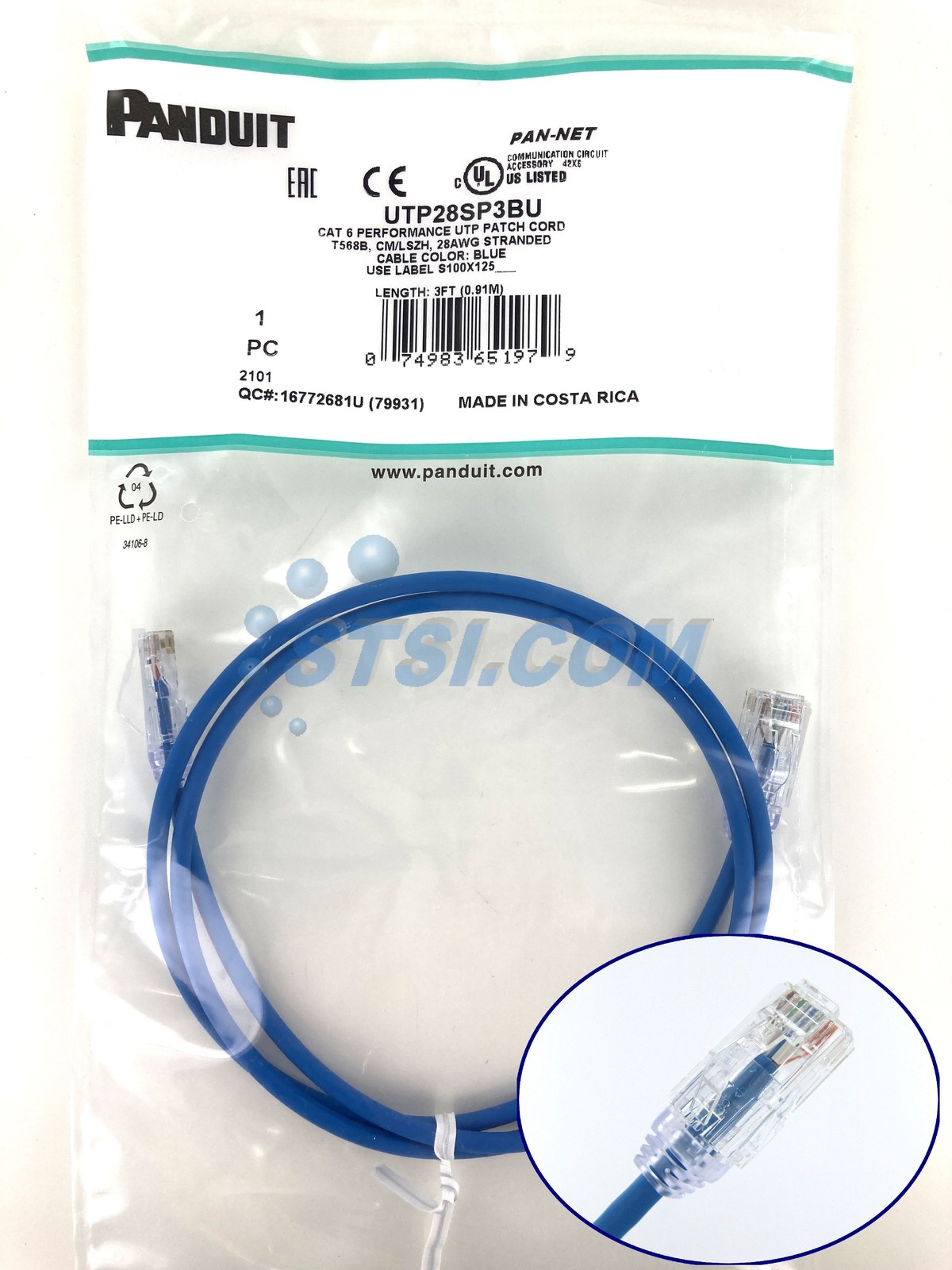 Panduit UTP28SP3BU Cat6 28 AWG Network Patch Cable/Cord, 3 Ft Blue NEW ~STSI