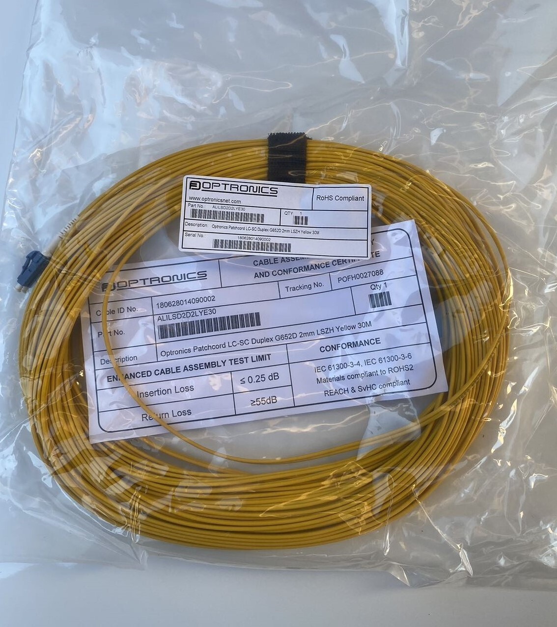 OPTRONICS PATCHCORD  LC-SC DUPLEX G652D 2mm LSZH Yellow 30M