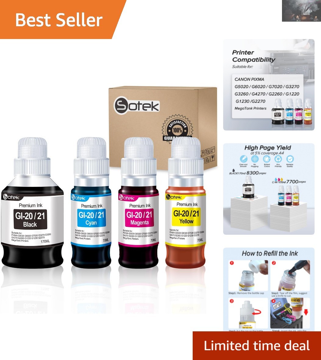 Compatible GI-20 & GI-21 Refill Ink Bottles for PIXMA G Series Printers - 4 Pack