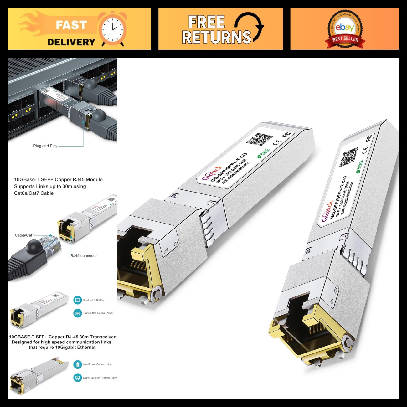 10G SFP+ to RJ45 Copper Ethernet Transceiver Module, 1.25G/2.5G/5G/10G, 30m, 2pc
