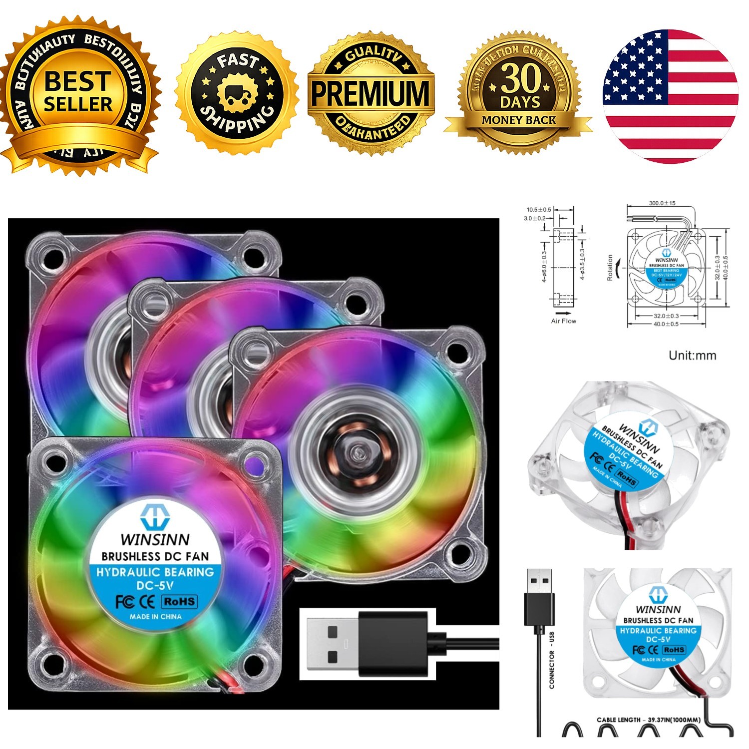 40mm RGB USB Fan 5V, LED Colorful 3D Printer Micro 5 Volt Fans 4010 Hydraulic...