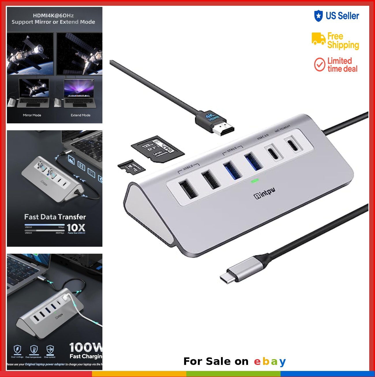 USB C Hub 9 in 1 Multiport Adapter 4K 60Hz HDMI PD 100W USB A 3.0 SD TF Card