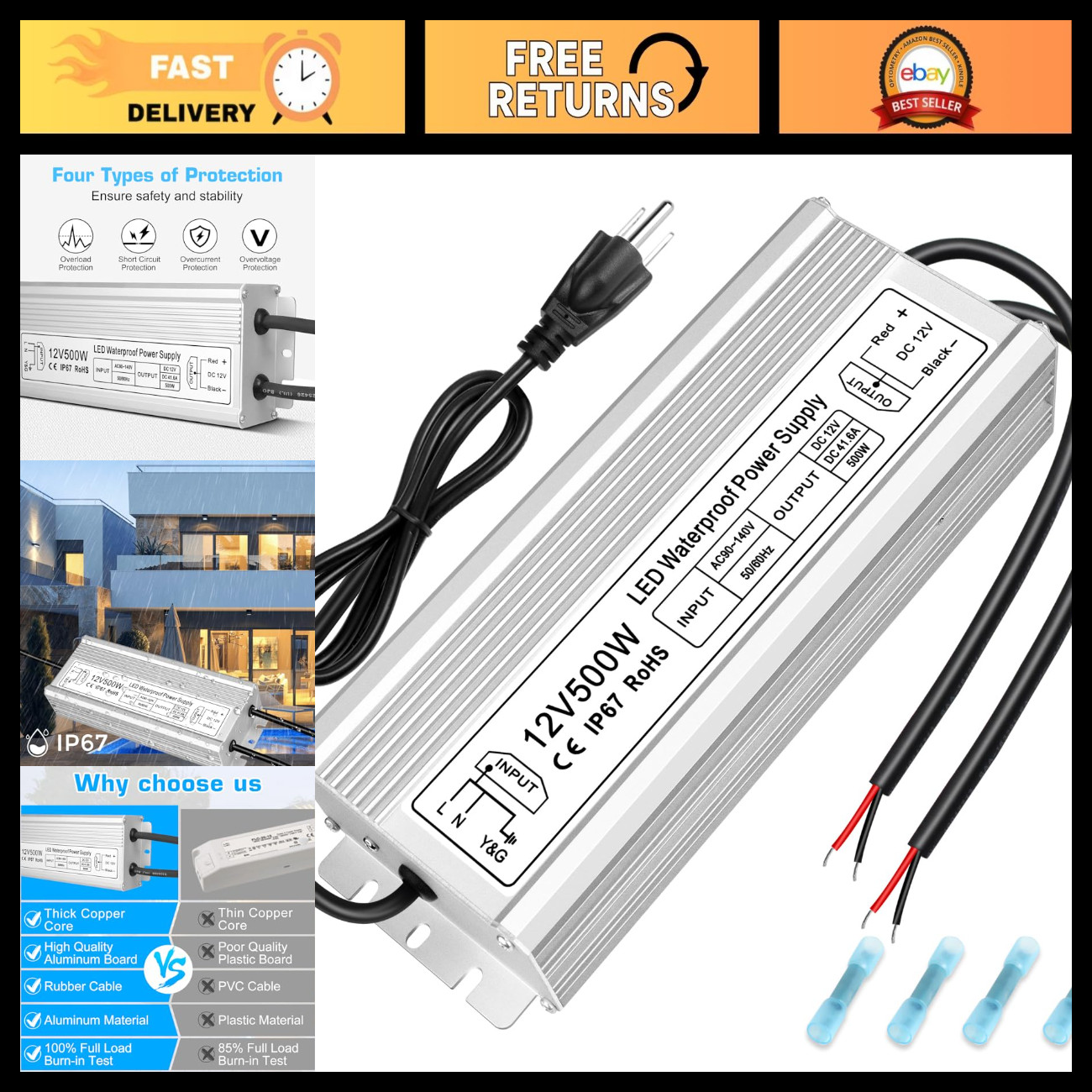 500W 12V Waterproof LED Power Supply, AC to DC Converter, 41.6A Low Voltage Tran