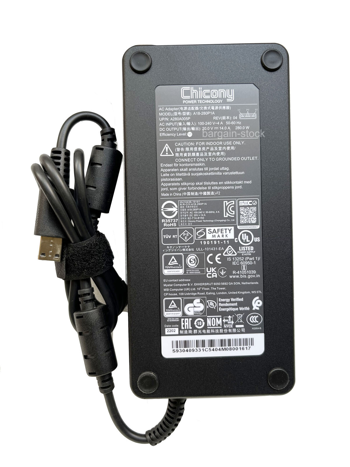 Chicony 280W AC Adapter Charger For MSI Raider GE68HX 13VG-082US Power Supply