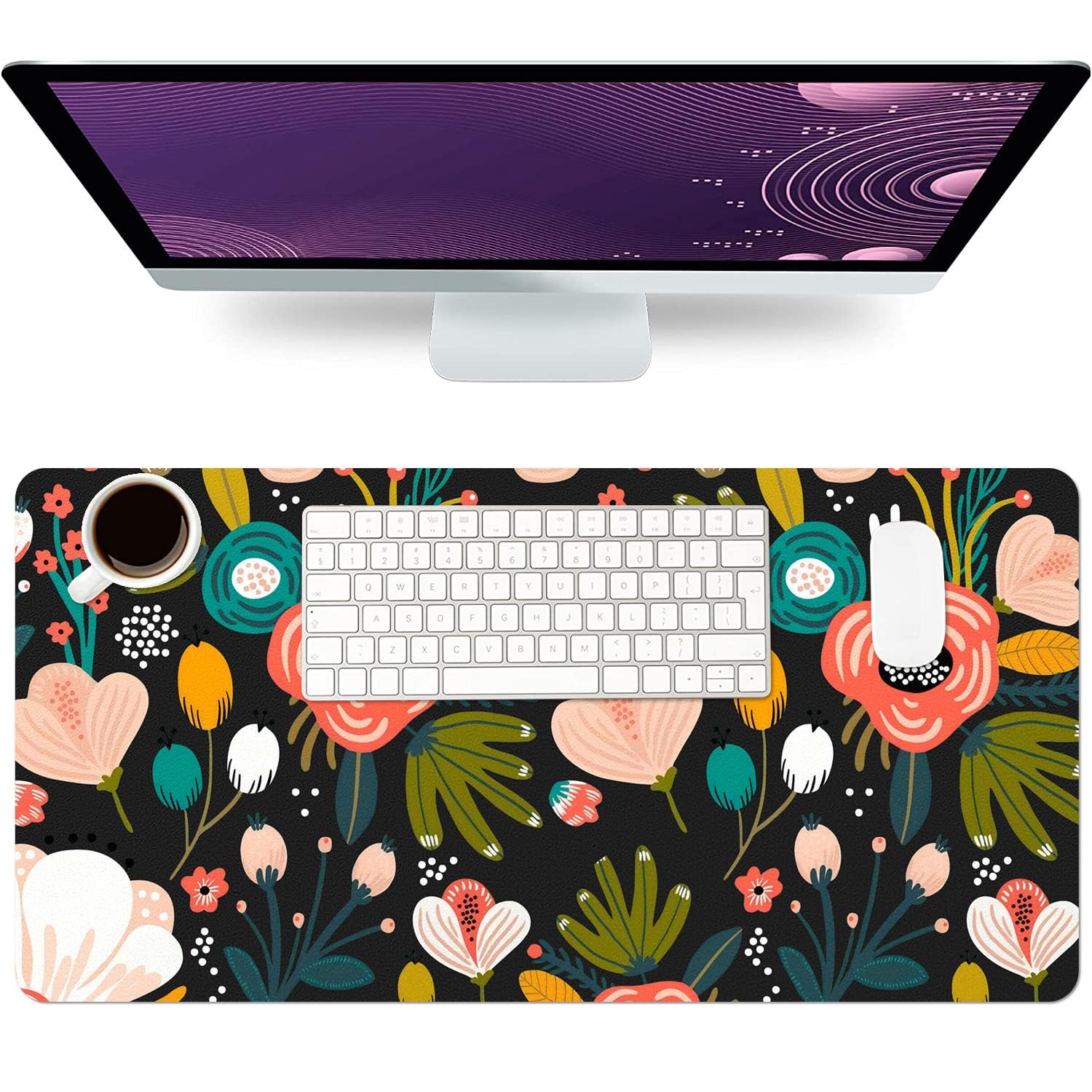 23.6x11.8 Inch Large Desk Mat Protector Pad NonSlip PU Leather Black Floral