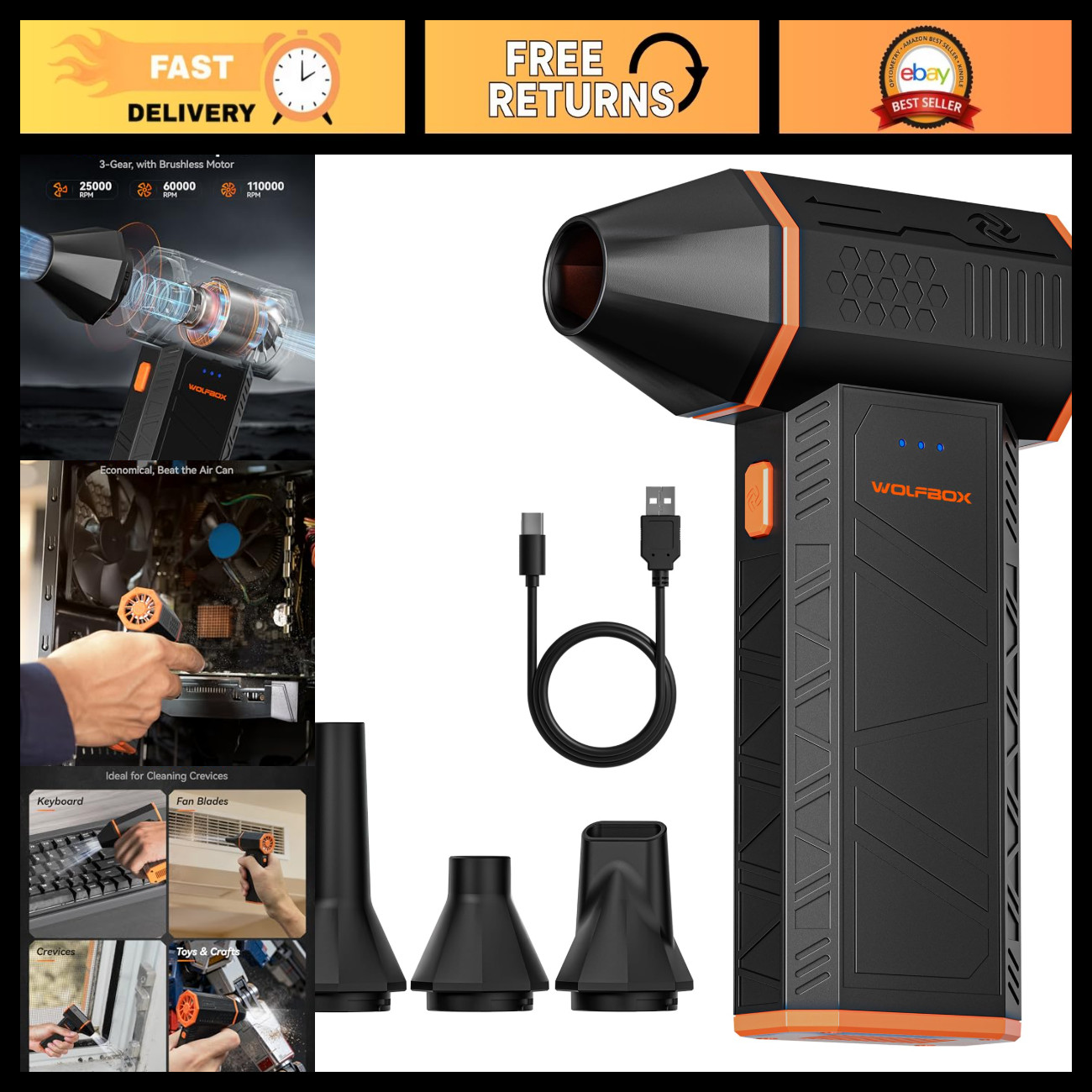 High-Powered Compressed Air Duster, 110,000 RPM, 3-Gear Adjustable, MegaFlow 50