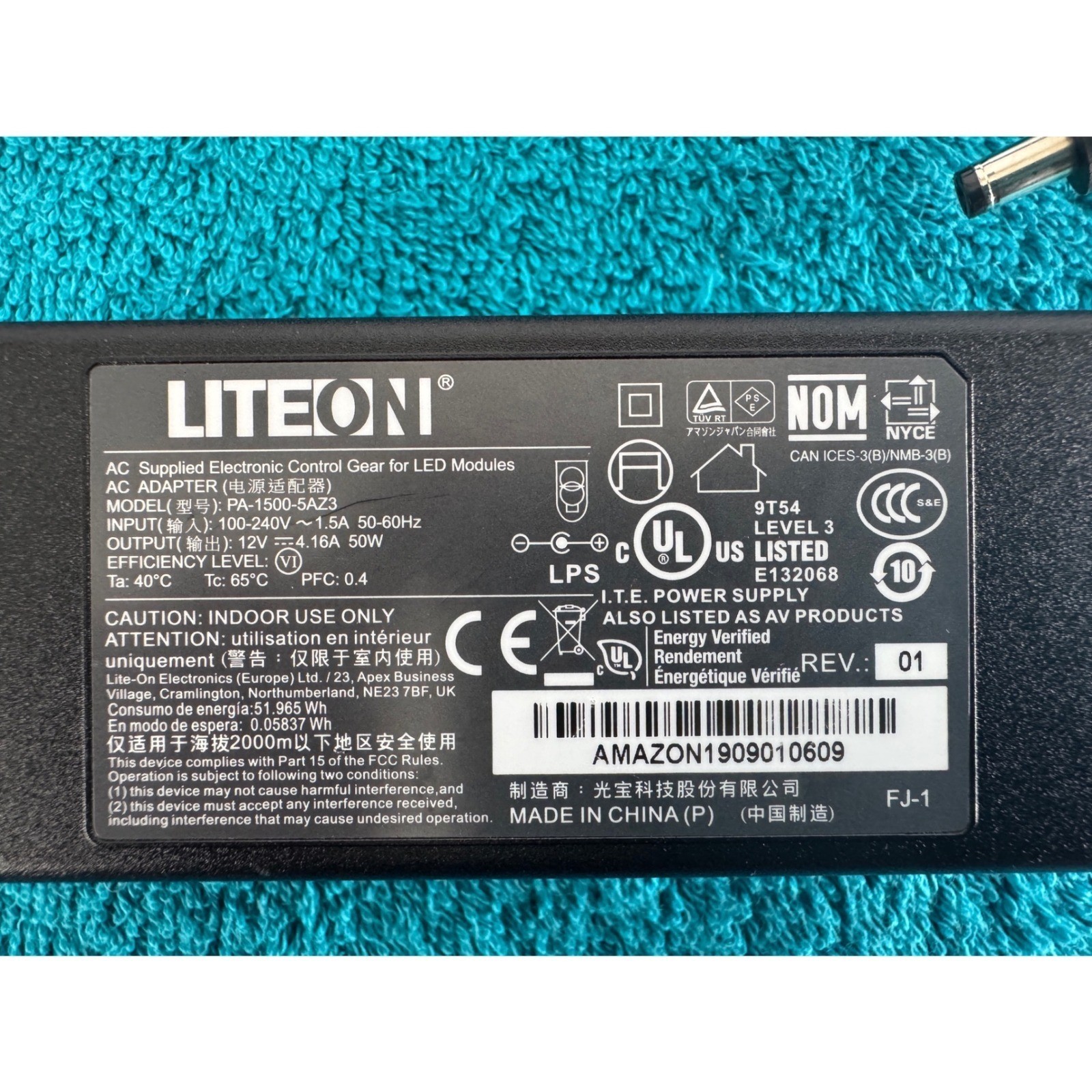Liteon AC Adapter Power Supply PA-1500-5AZ3 In 100-240V 1.5A Out 12V 4.16A 50W