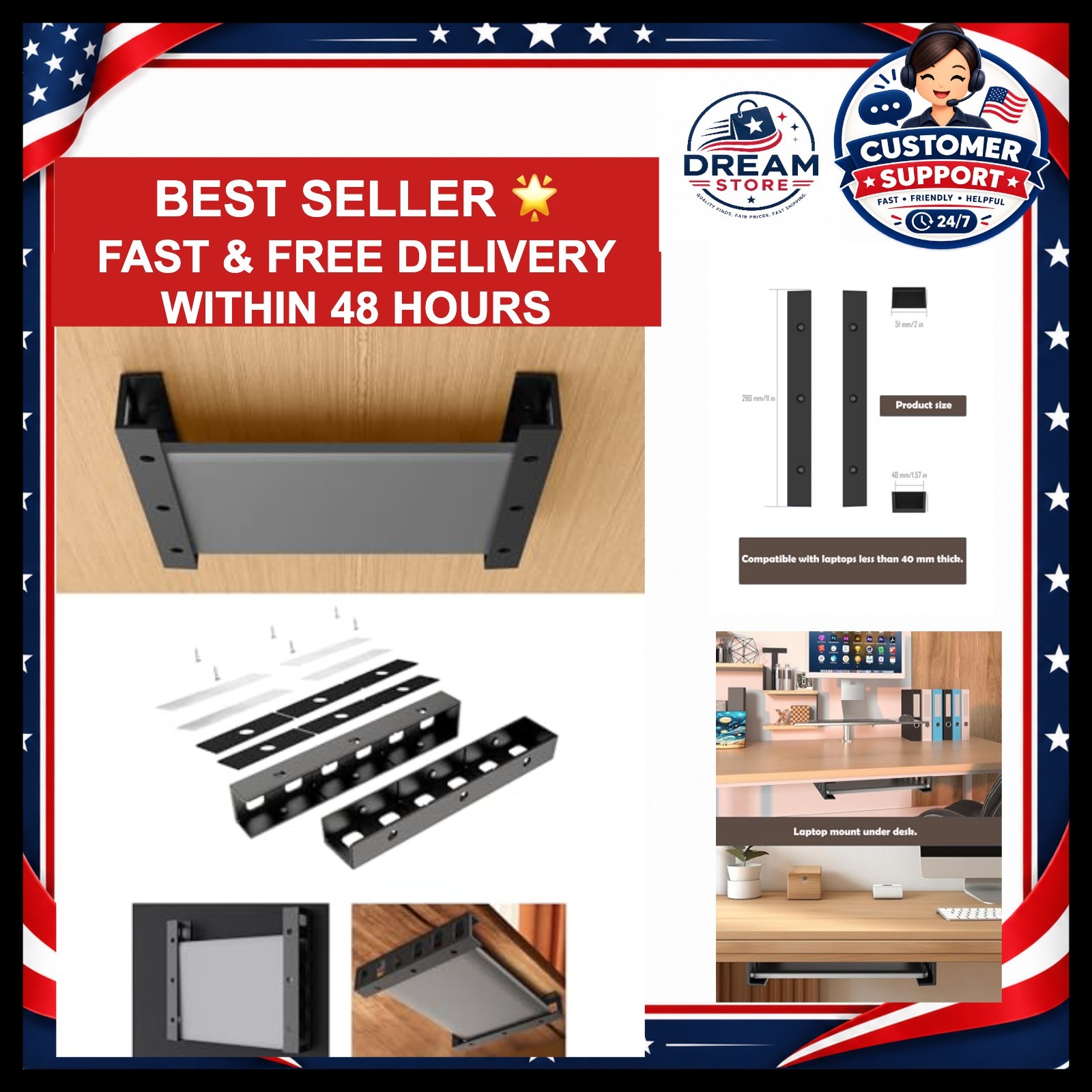 Under Desk Laptop Holder, Under Desk Rack, (Black)