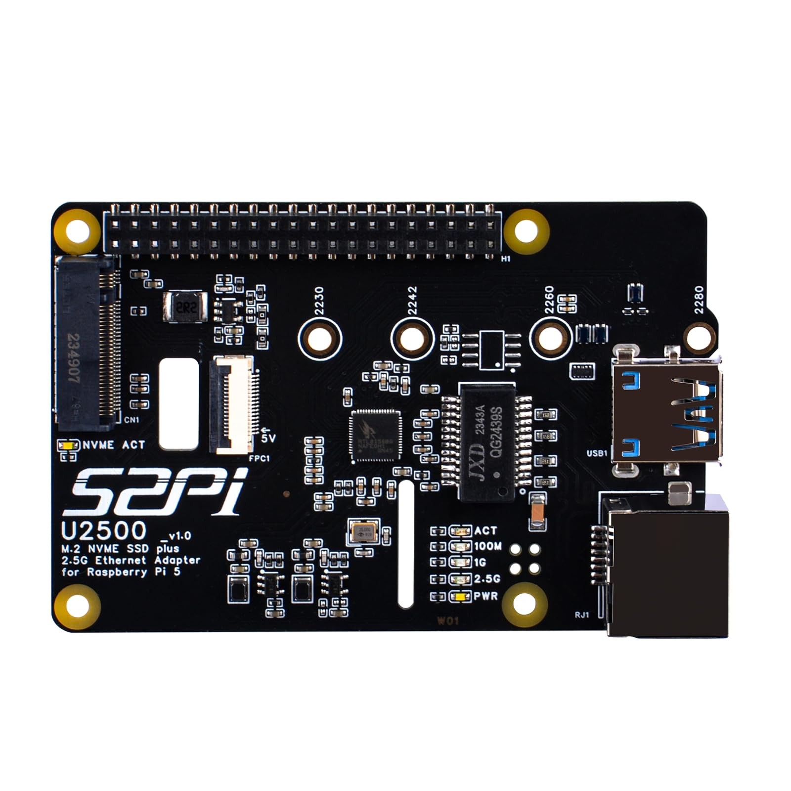 M.2 NVMe SSD Plus 2.5G Ethernet Adapter for Raspberry Pi 5, W01 U2500 Hat wit...