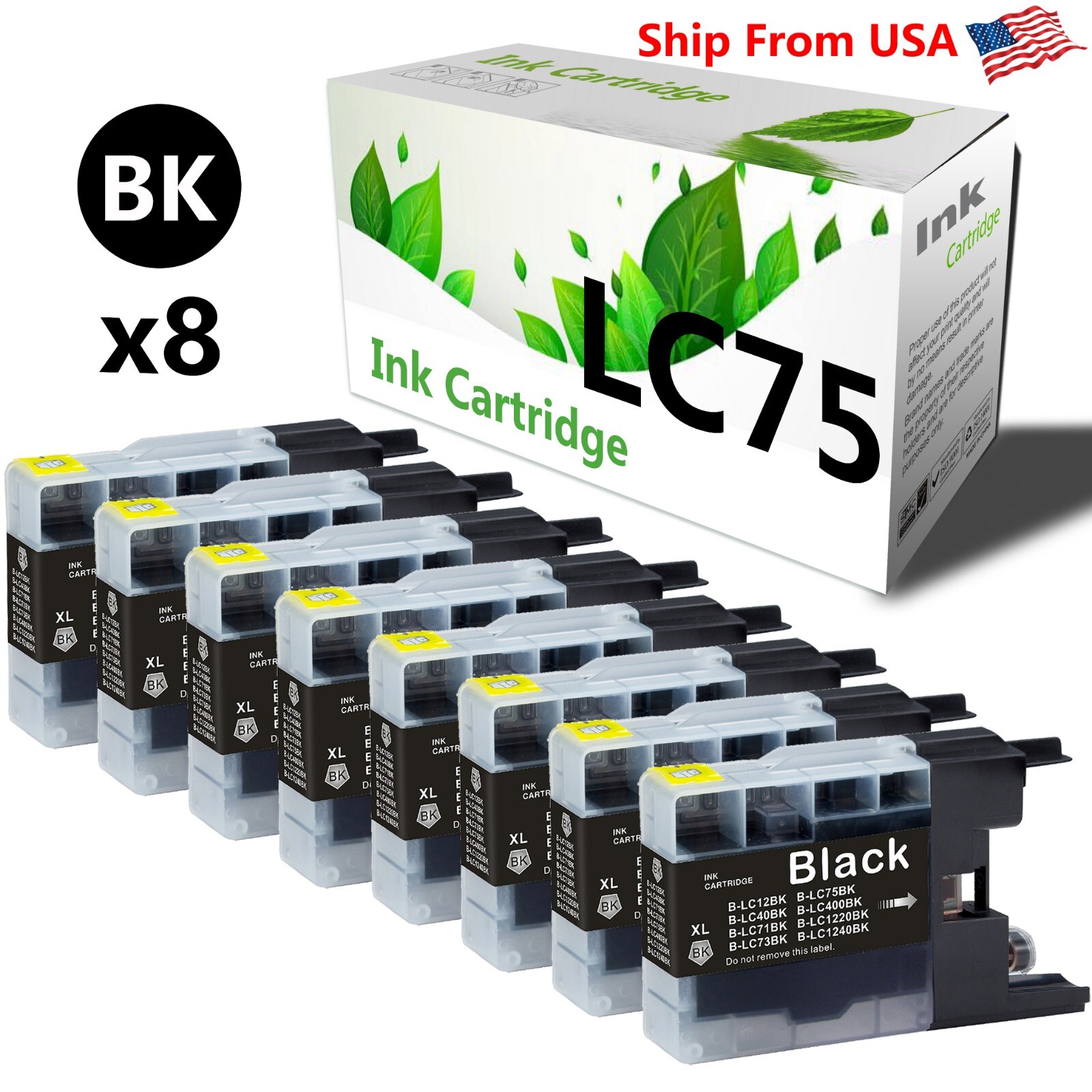 8PK LC75 LC75XL LC-75 BK Ink Cartridge for MFC-J6510DW MFC-J835DW Printer