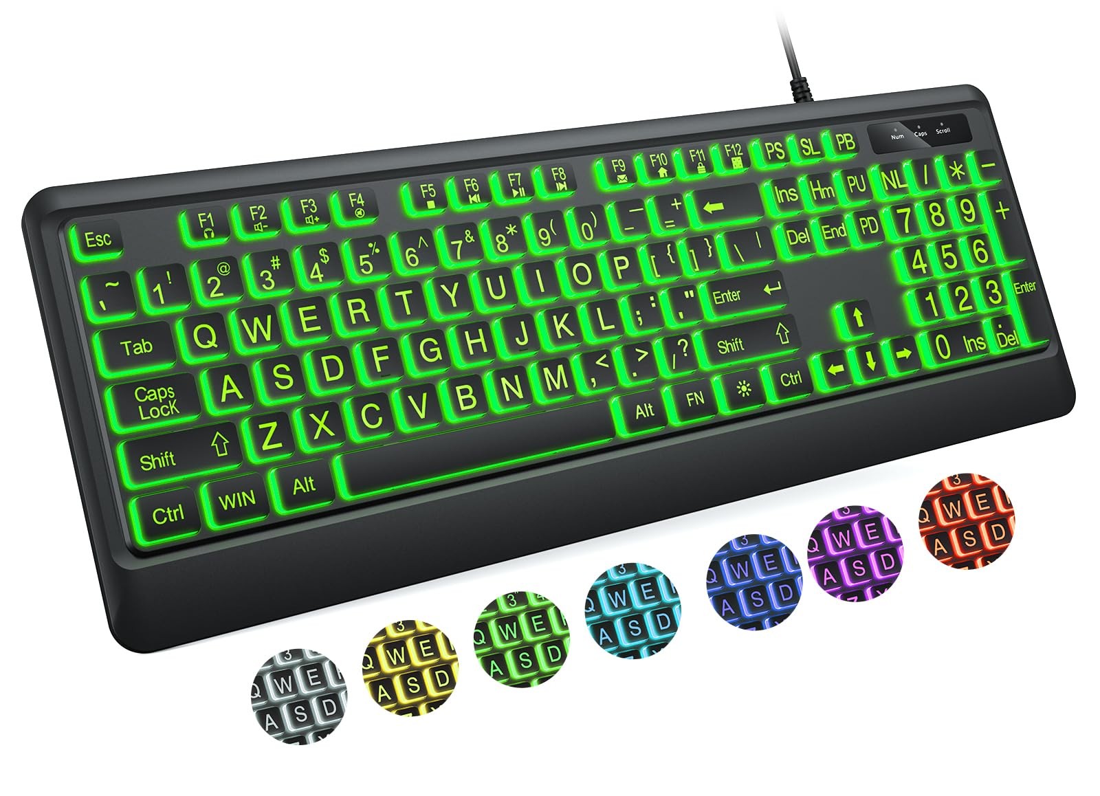 KOPJIPPOM Large Print Keyboard - 7 Interchangeable Backlight Colors, Light Up US