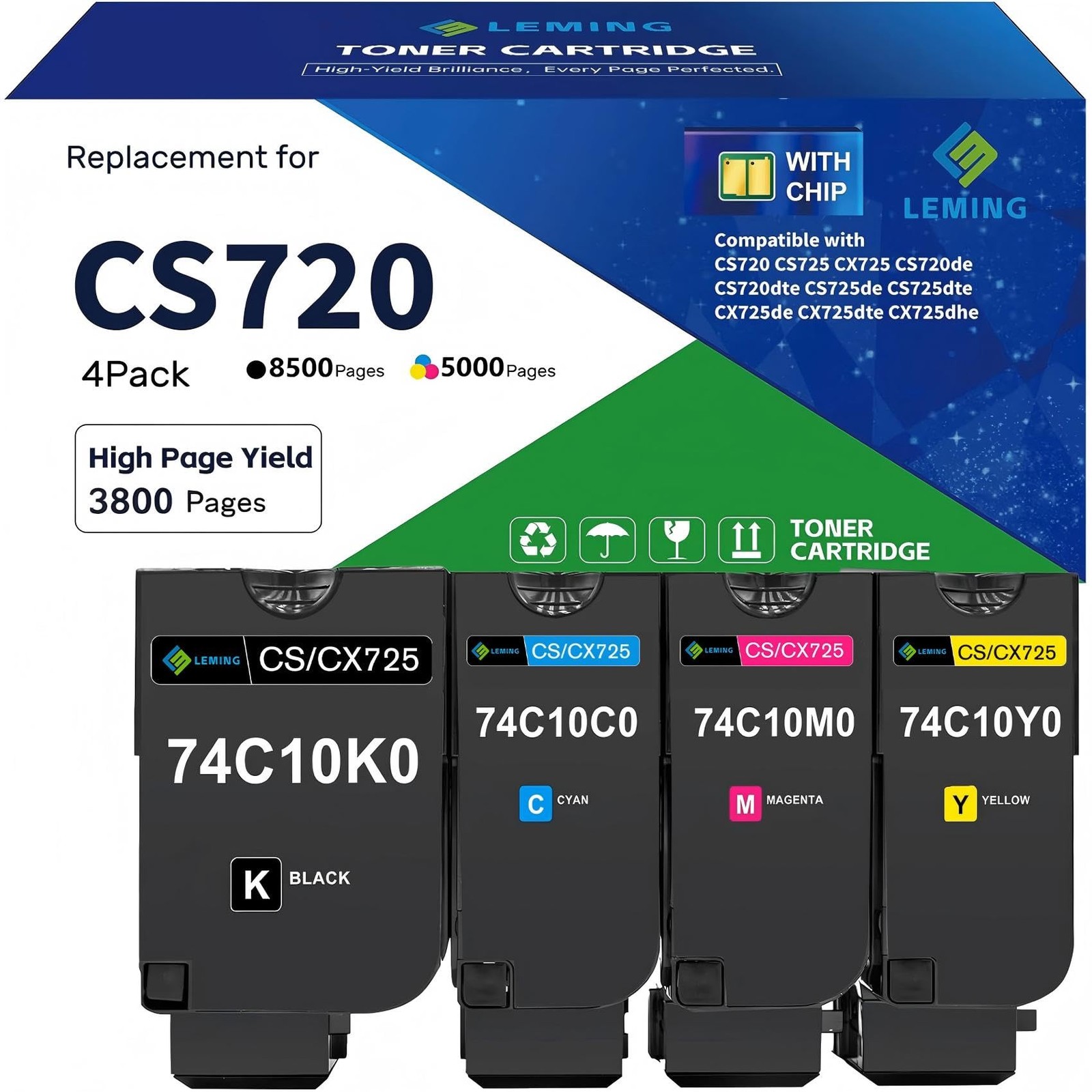CS720 CS725 CX725 Toner Cartridges 4 Pack with Chip Replacement for Lexmark