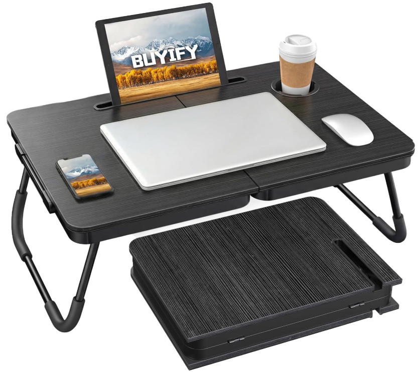 Mesa Plegable para Portátil 23,4" con Portavasos, Ligera y Portátil, Negra,Nuevo
