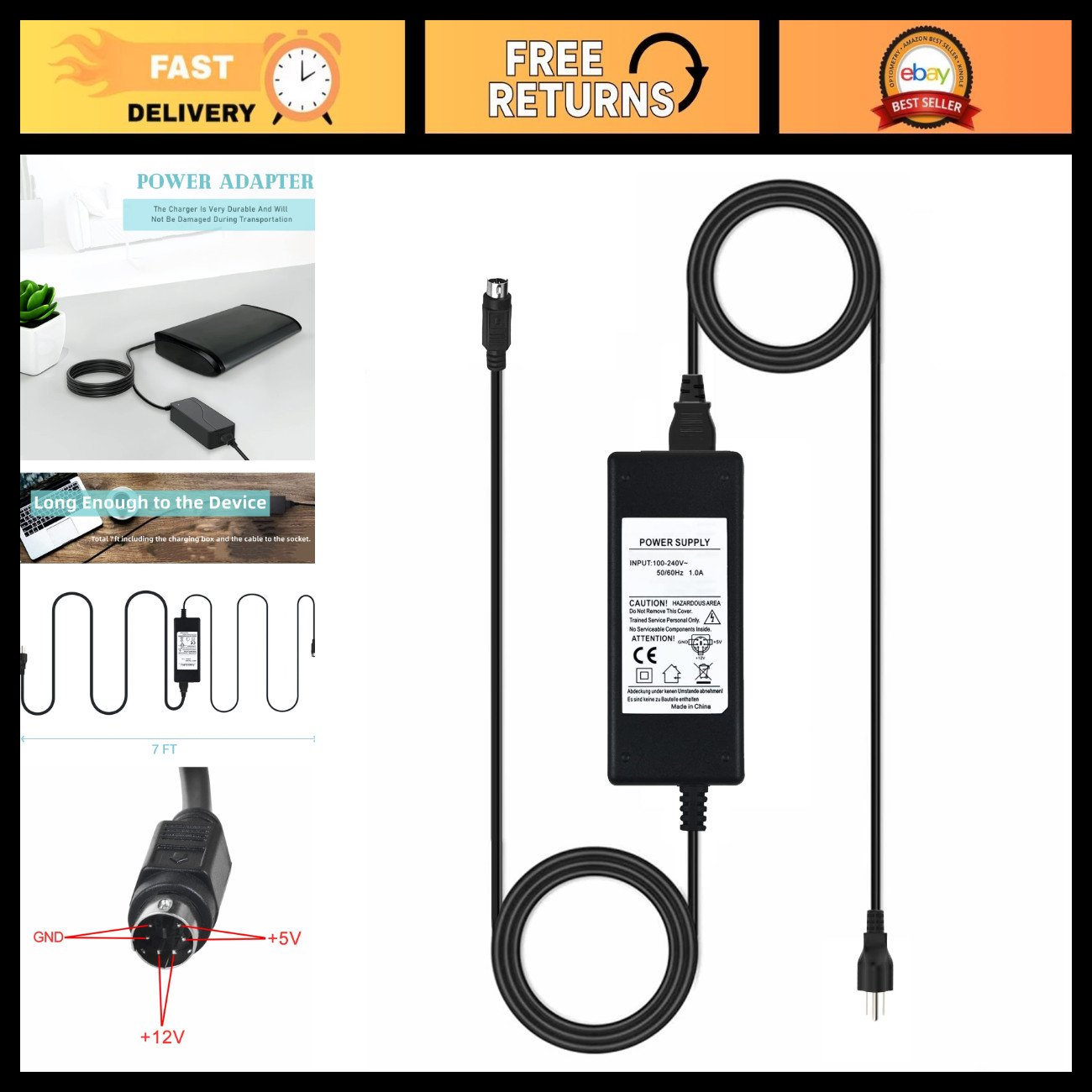6-Pin DIN AC/DC Power Adapter for 3.5" External Hard Drive 5V/12V 1.5A-2A Charge