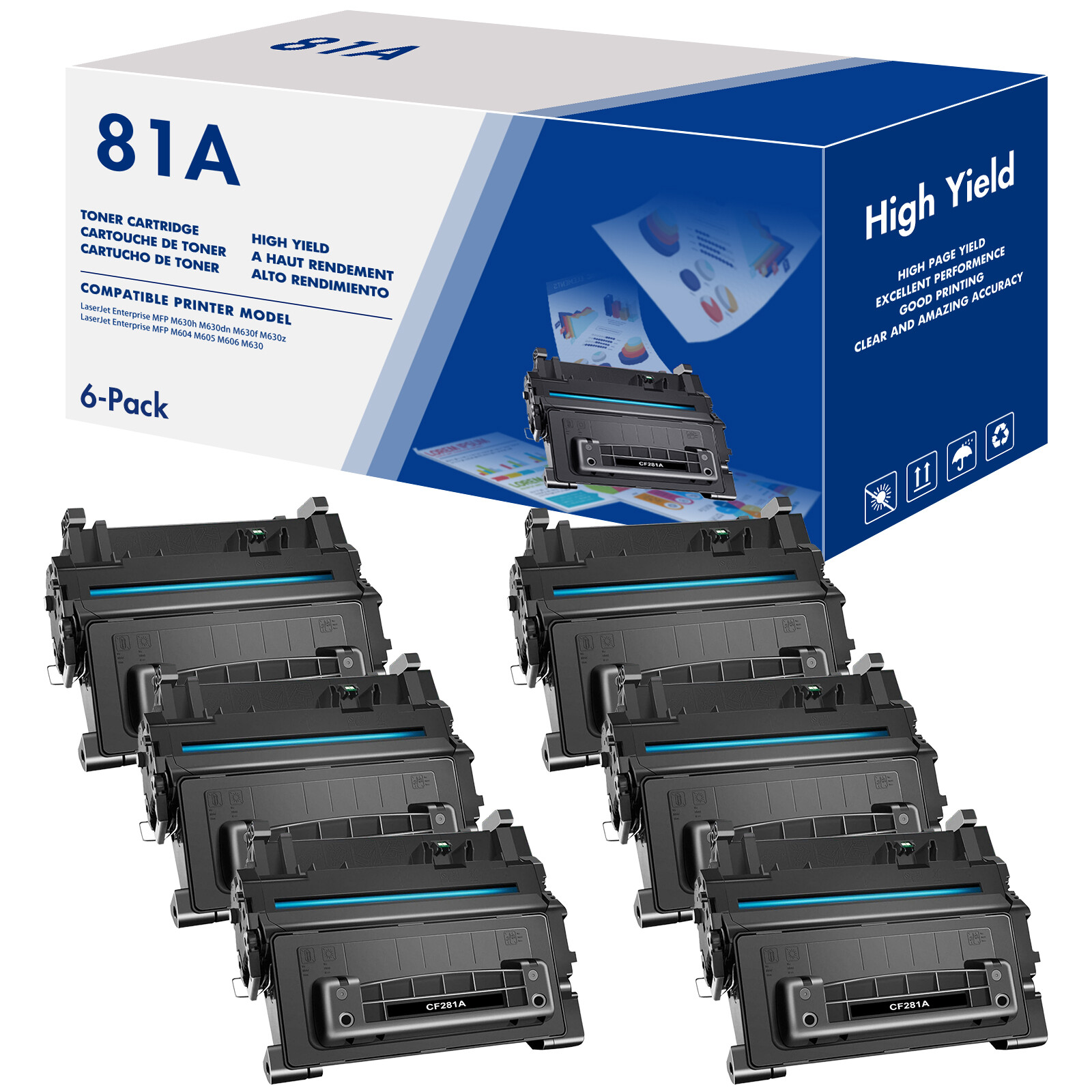 6 Pack CF281A 81A Toner Compatible for HP Enterprise M605X M606DN MFP M630f