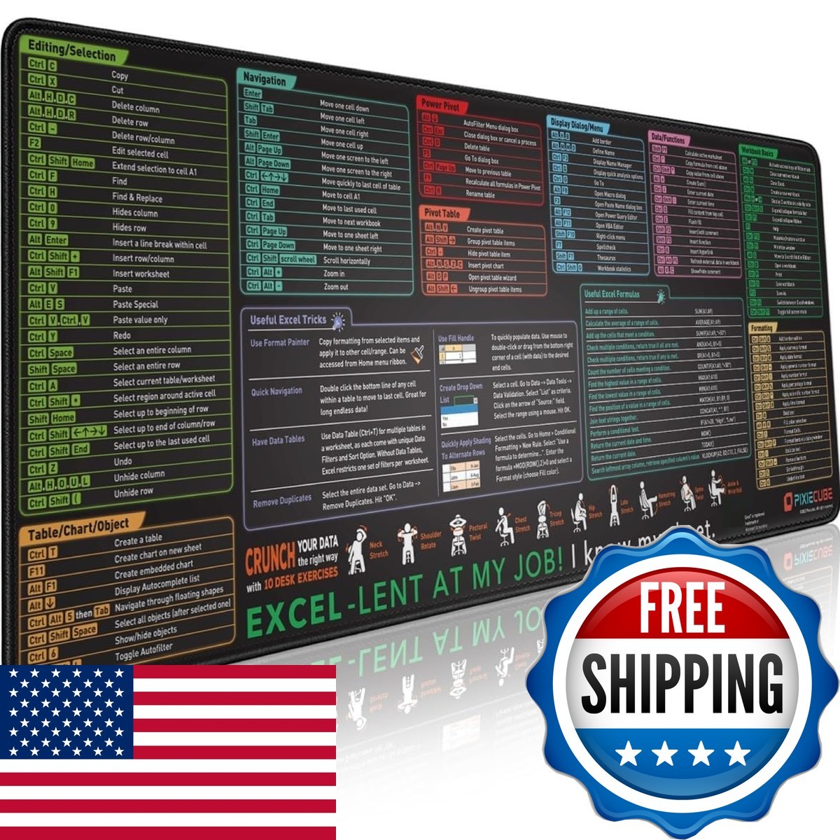 Pixiecube Excel Cheat Sheet Desk Pad Extended Large XL Gaming Mousepad