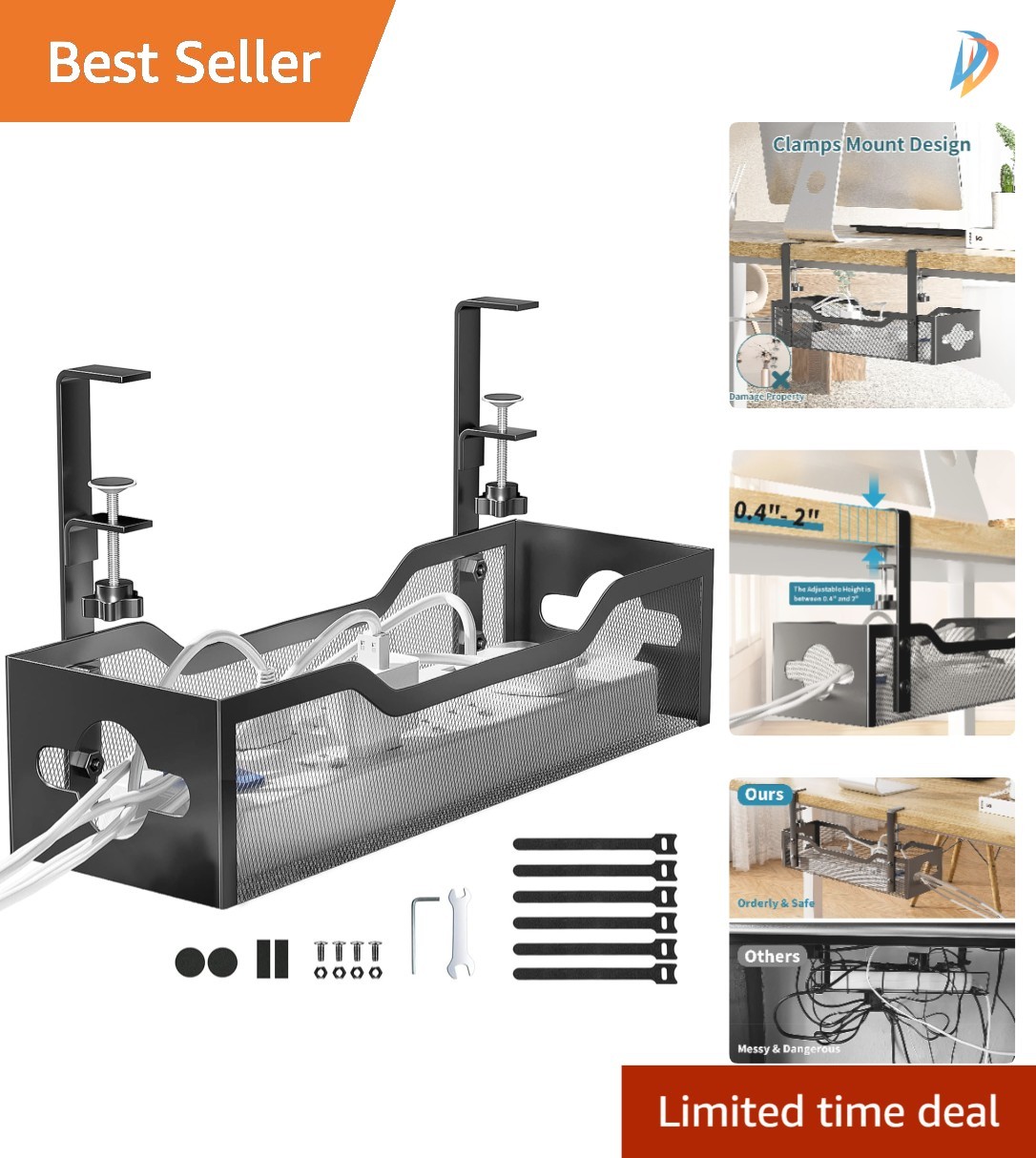 Space-Saving Under Desk Wire Organizer – 2 Hole Design for Easy Installation