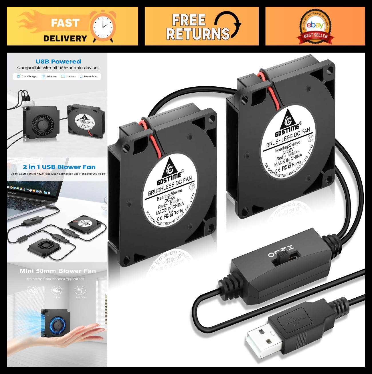 50mm USB Blower Fan 2-Pack - Speed Control, Quiet Brushless Turbo, Mini Cooling
