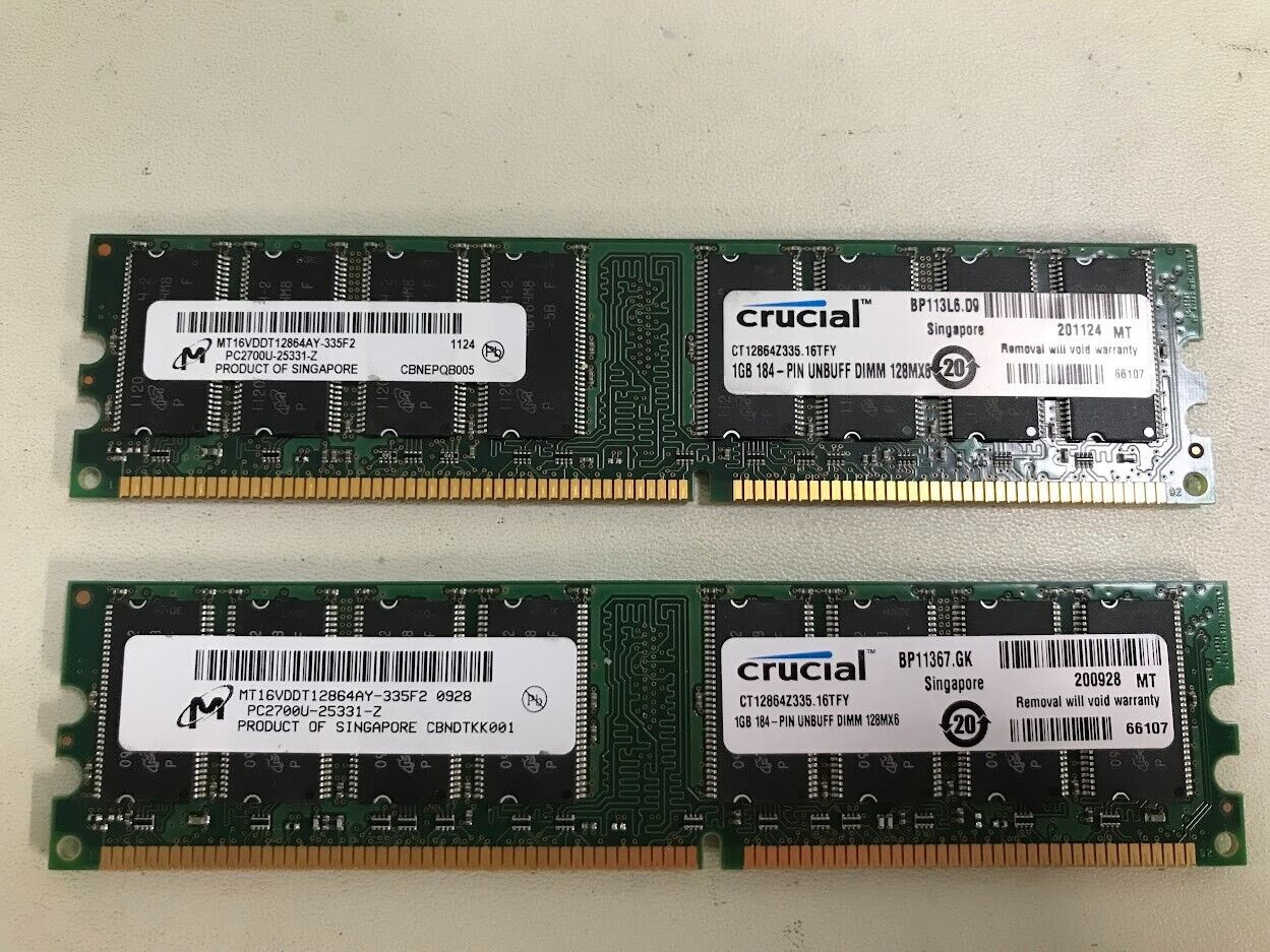 Lot of 2 Crucial CT12864Z335 1GB DDR PC-2700 333Mhz 184p Desktop RAM Memory