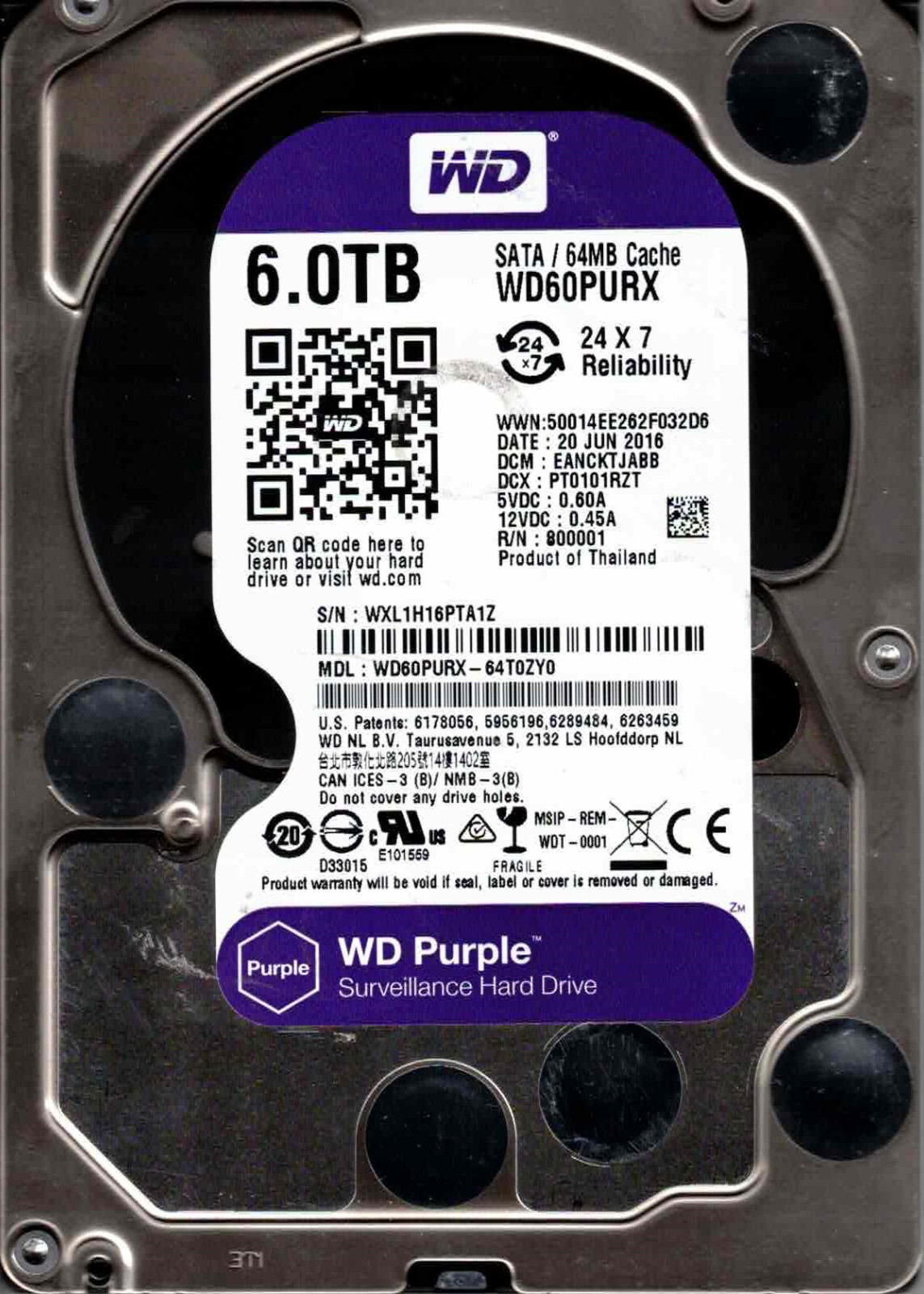 WD60PURX-64T0ZY0,  EANCKTJABB,  WESTERN DIGITAL SATA 6TB WXL1 JUN 2016