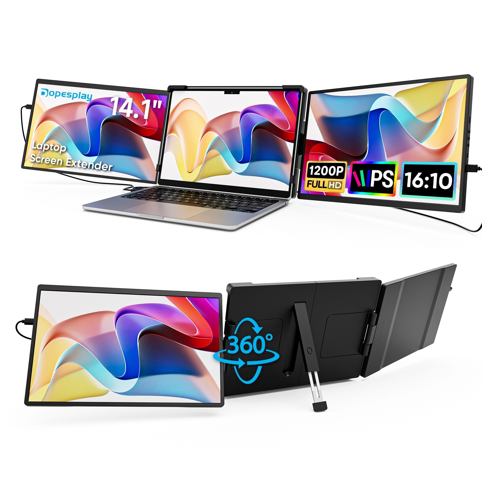Dopesplay 14.1" Triple Portable Monitor IPS Laptop Screen Extender Fits 14"-17"