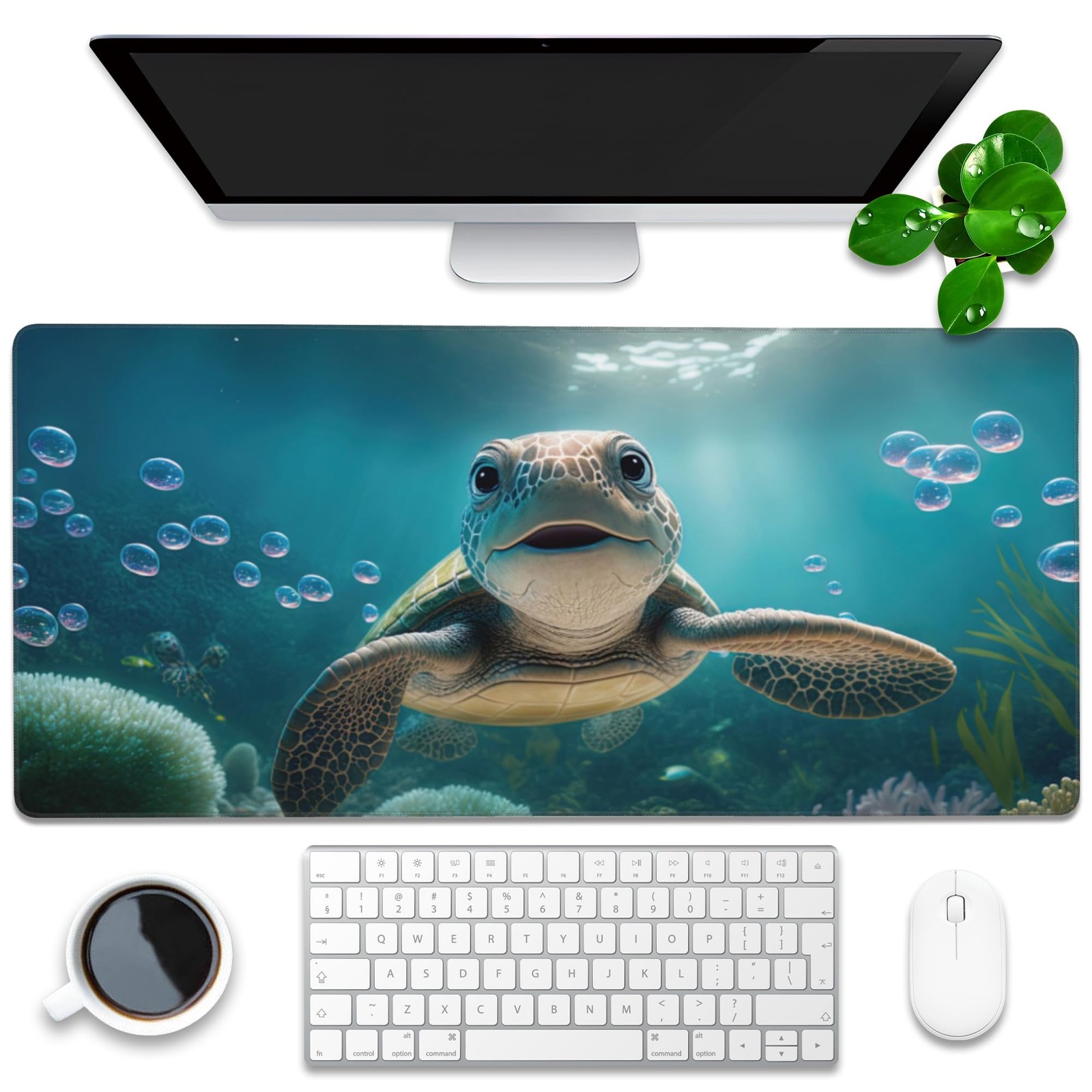 Desk Mat, Cute Turtle Smiling Under The Sea Extended Gaming Mouse Pad Large, ...