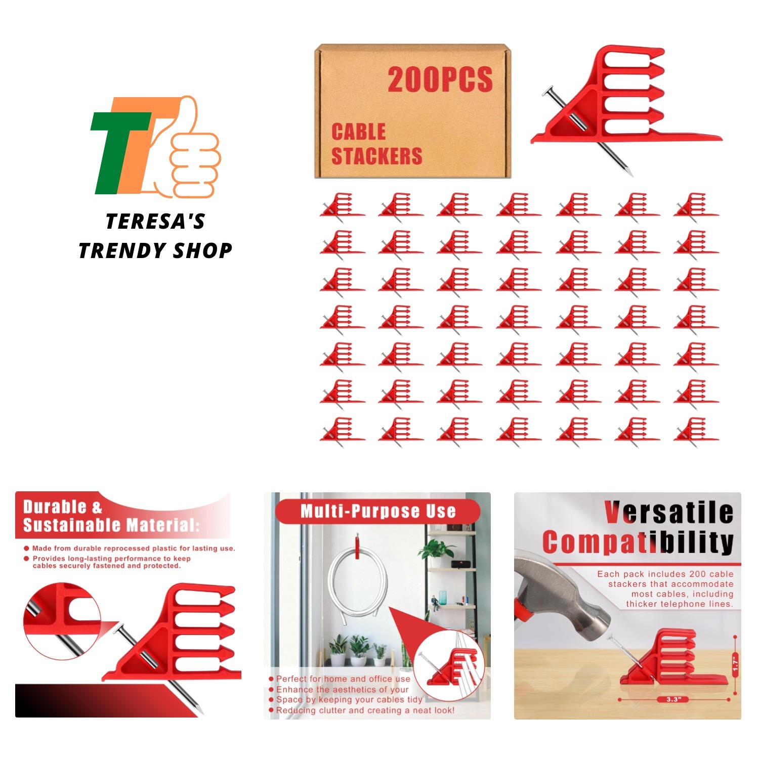 200Pcs Cable Stackers, Cable Staples Clips with Steel Nails, Electrical Wire ...