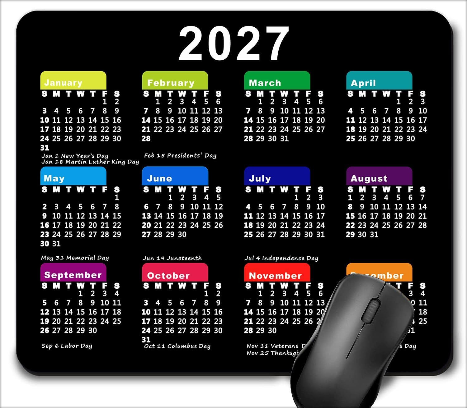 2027 Calendar with Holiday Mouse Pad, Gaming Rectangle Mousepad for Computer Lap