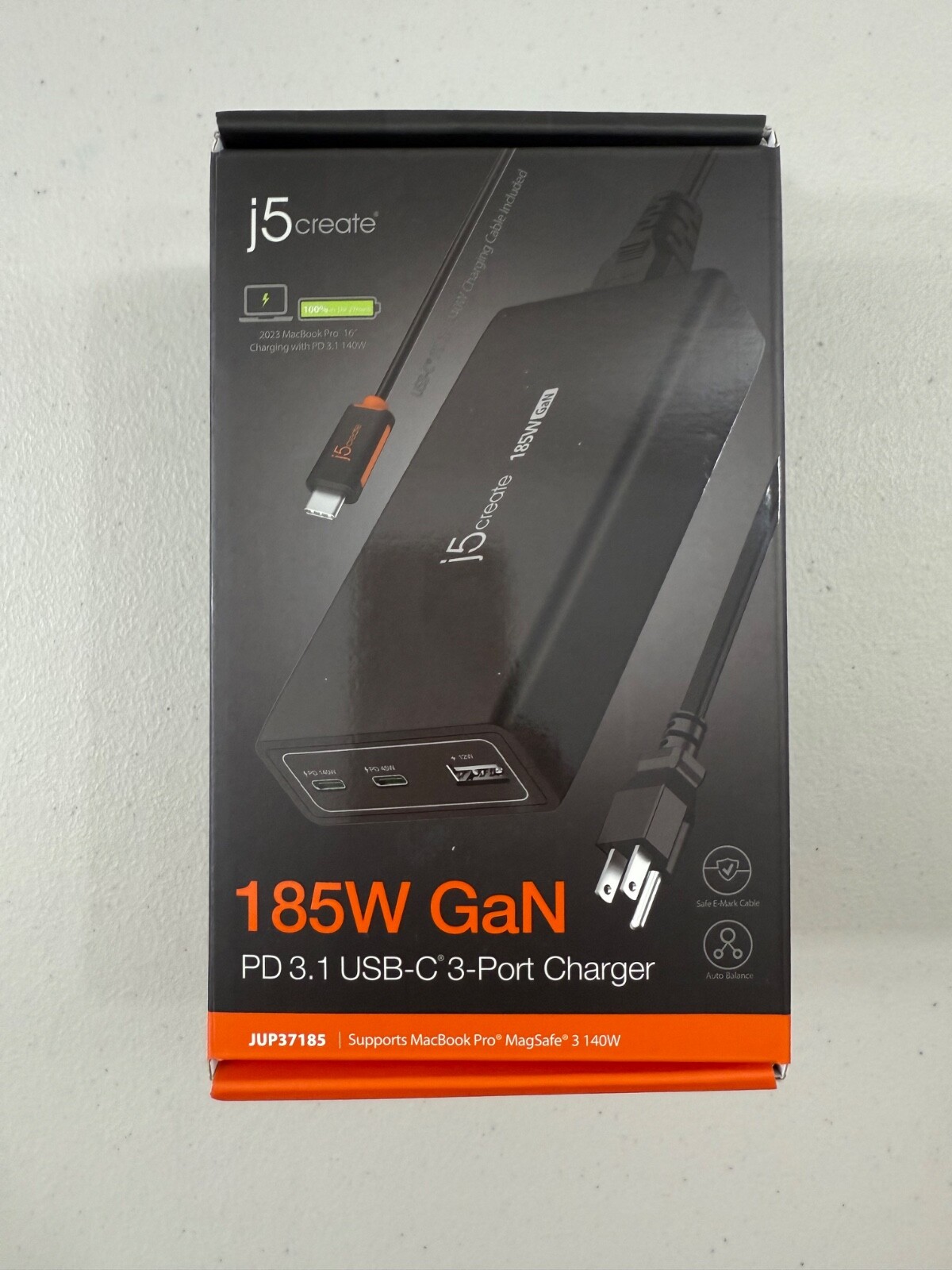 J5Create 185W GaN PD 3.1 USB-C 3 Port Charger Black - OPEN BOX (JUP37185)