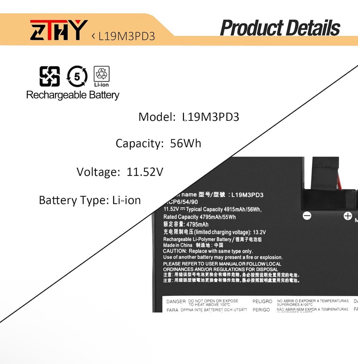 ZTHY L19M3PD3 Laptop Battery Replacement for Lenovo Ideapad