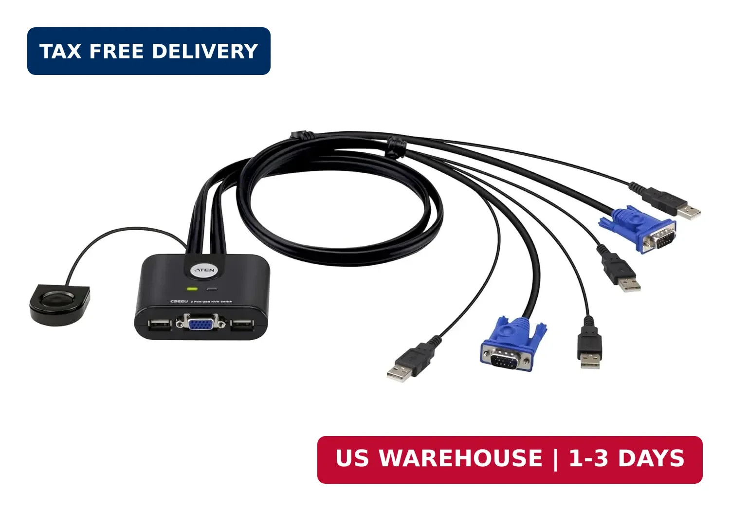 ATEN CS22U 2-Port USB VGA Cable KVM Switch with Remote Port Selector