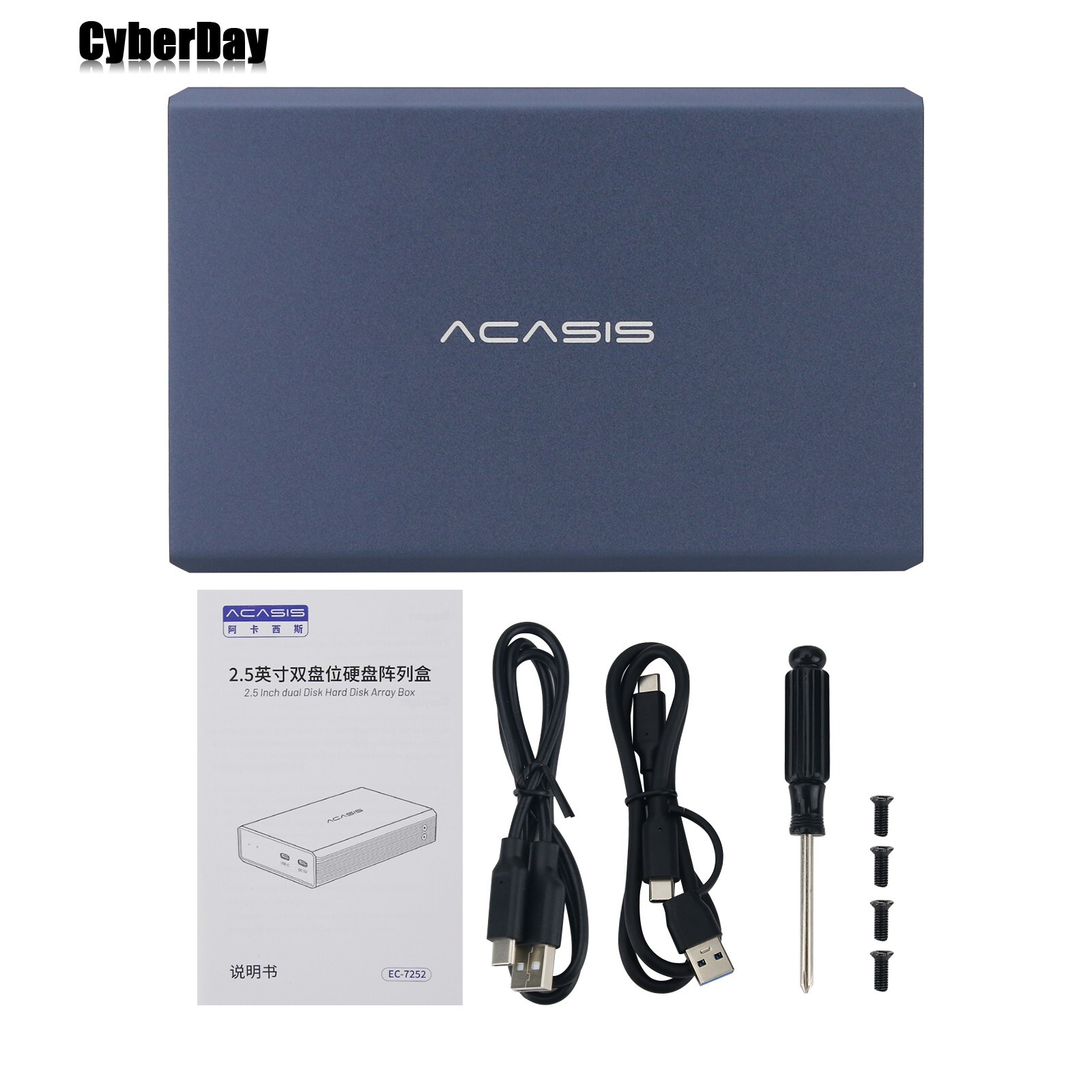 Acasis EC-7252 2.5" Hard Drive Case 2 Bay HDD Enclosure w/ 4 RAID Modes New