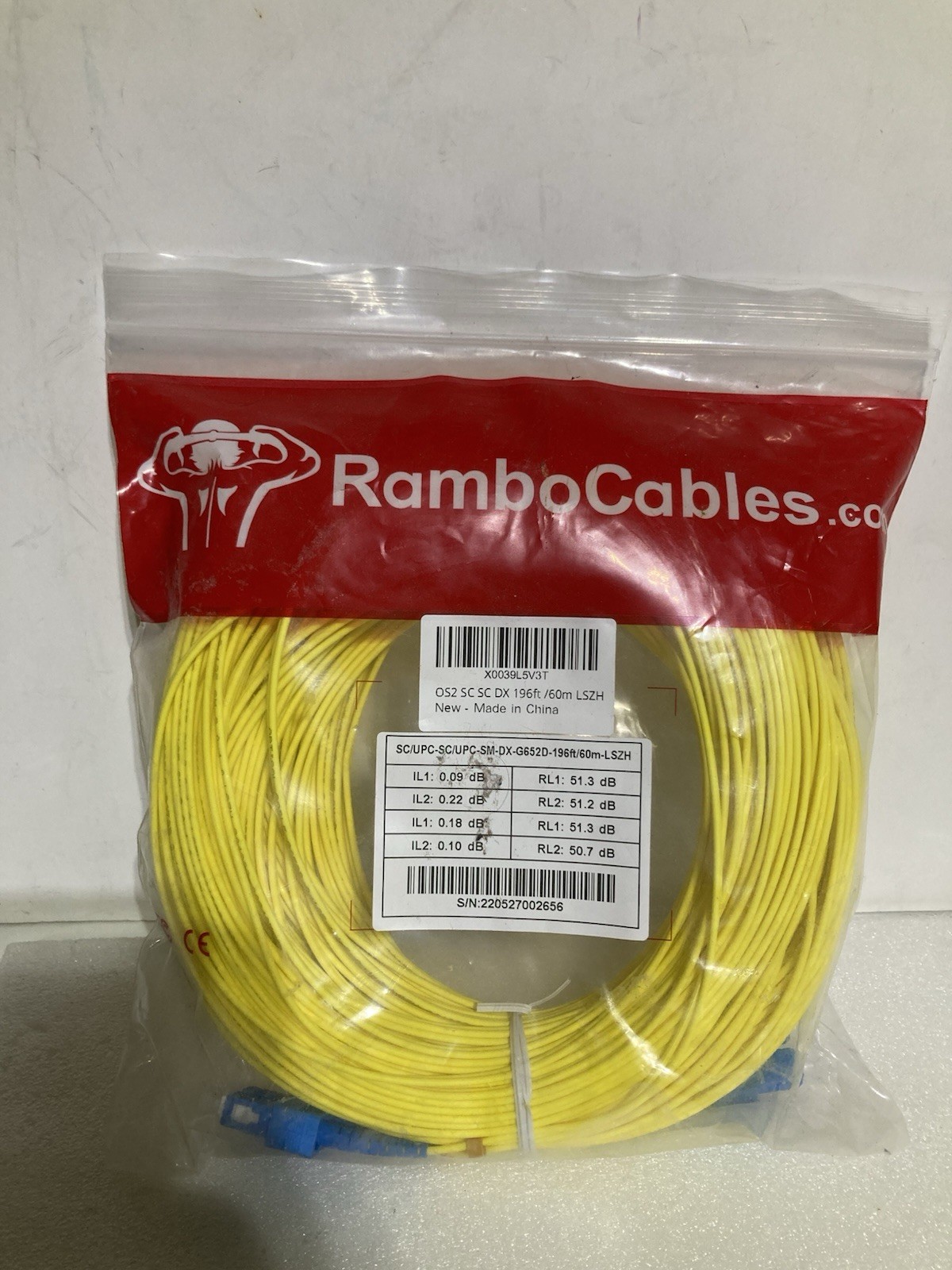 OS2 Fiber Patch Cable SC to SC 196ft Single Mode Duplex