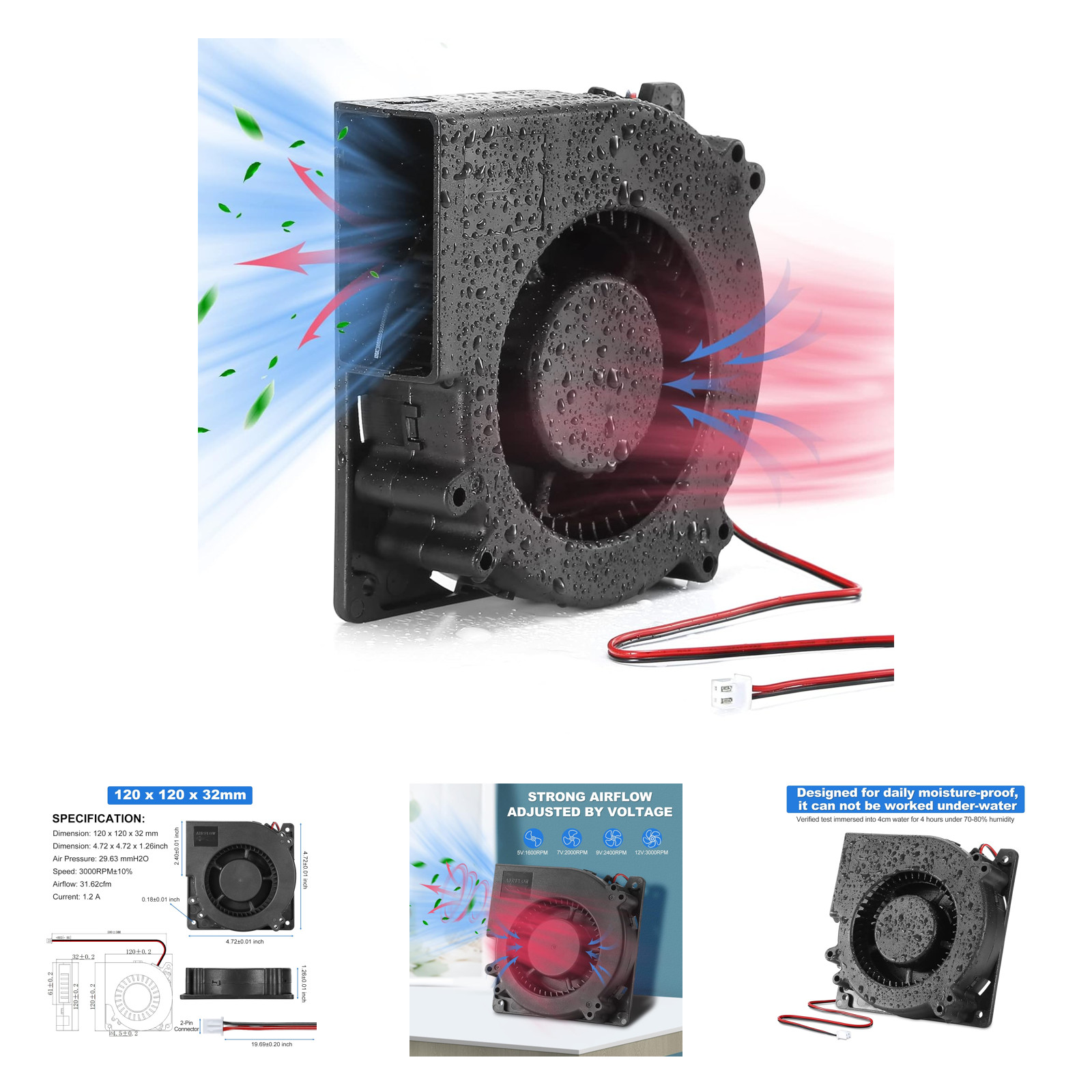 12V DC Blower Fan 120x32mm Moisture Proof Brushless Exhaust Cooling Fan for Car